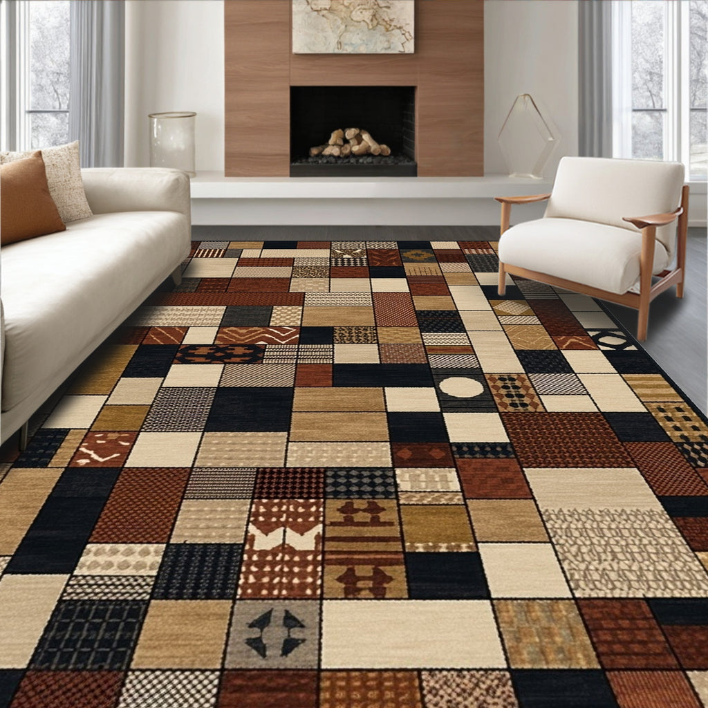 Warm Earthy Patchwork Rug(Brown)