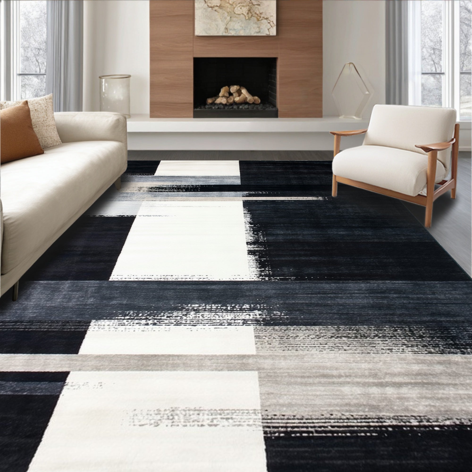 Sleek Monochrome Geometric Rug(Gray)