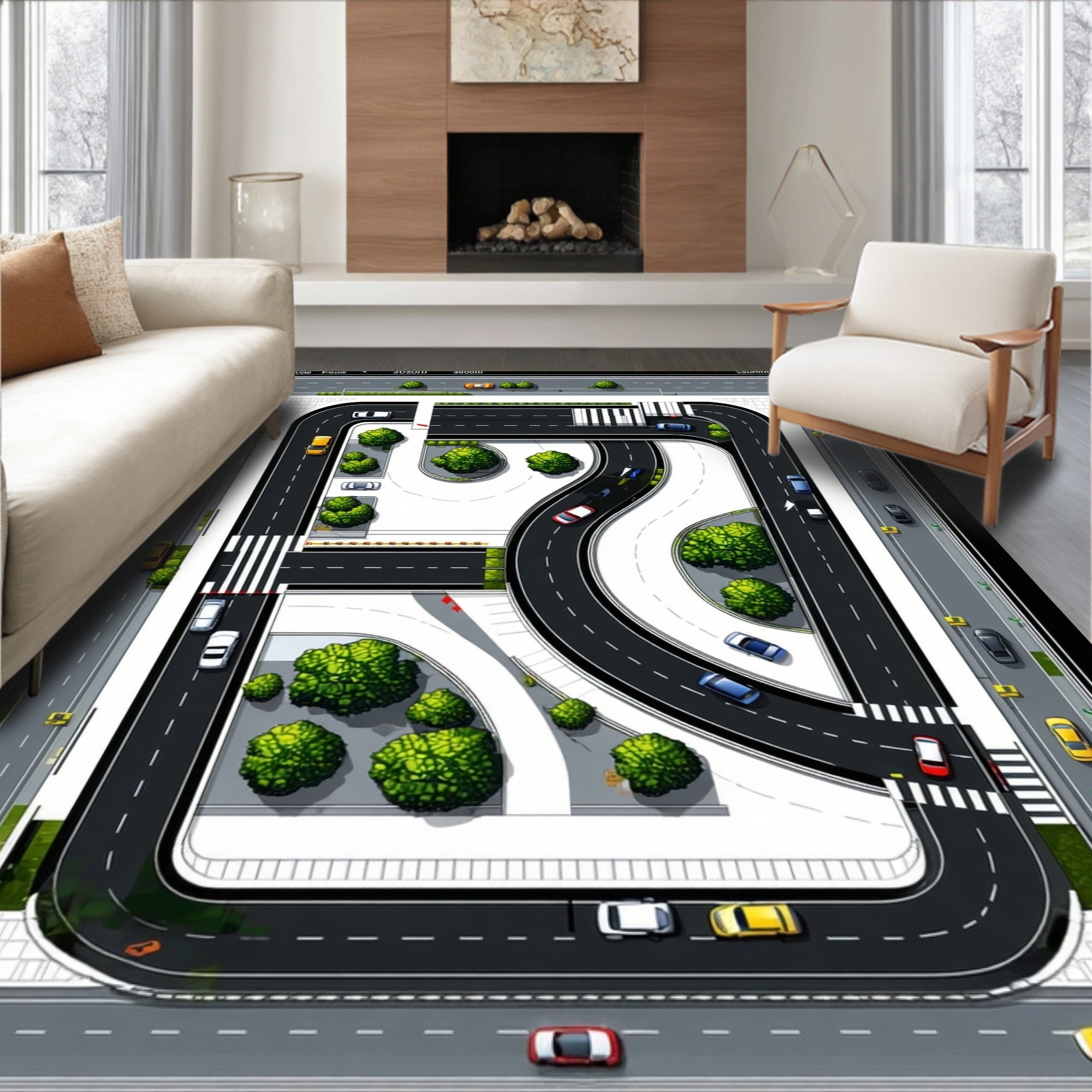 Black-and-White Road Map Playful Rug(Gray)
