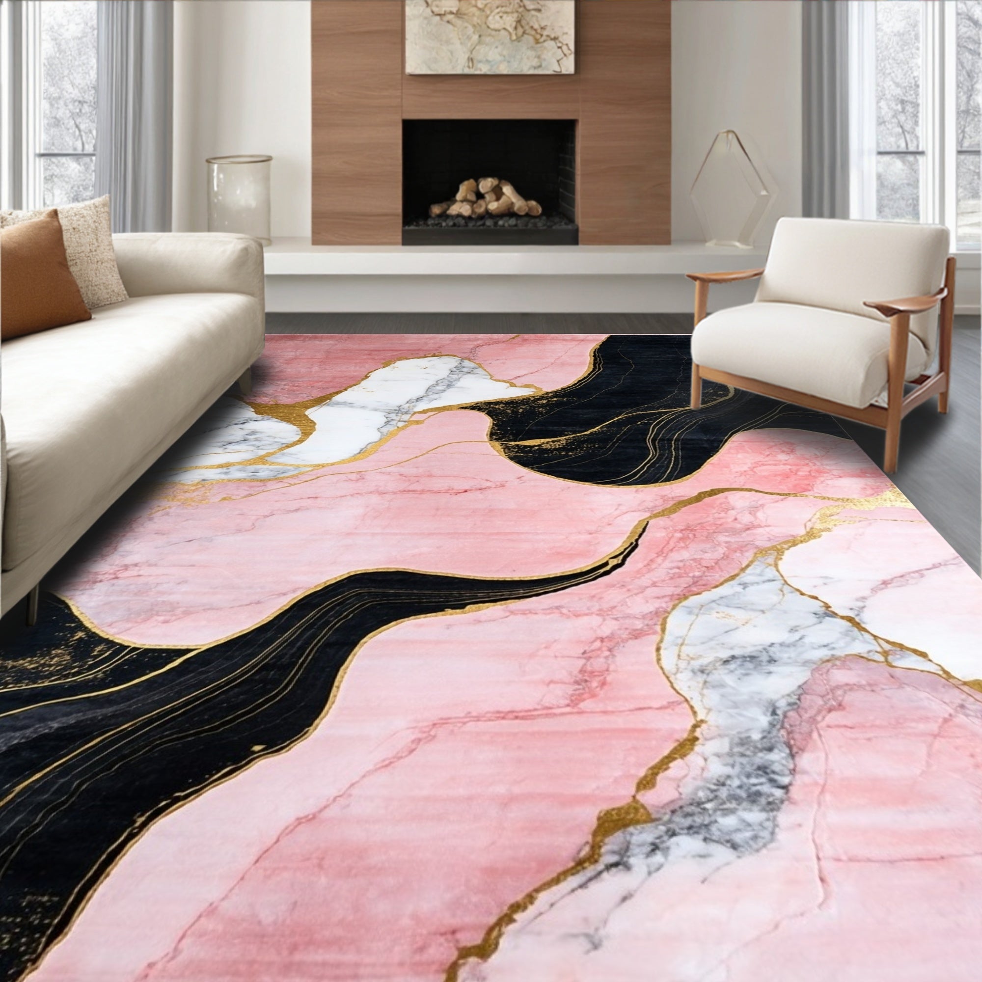 Modern Pink Black Gold Fluid Pattern Rug - Washable Flatwoven Chenille