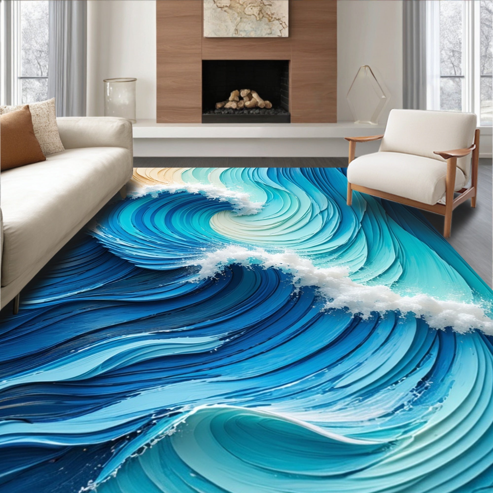 Vibrant Blue Wave Coastal Rug(Blue)