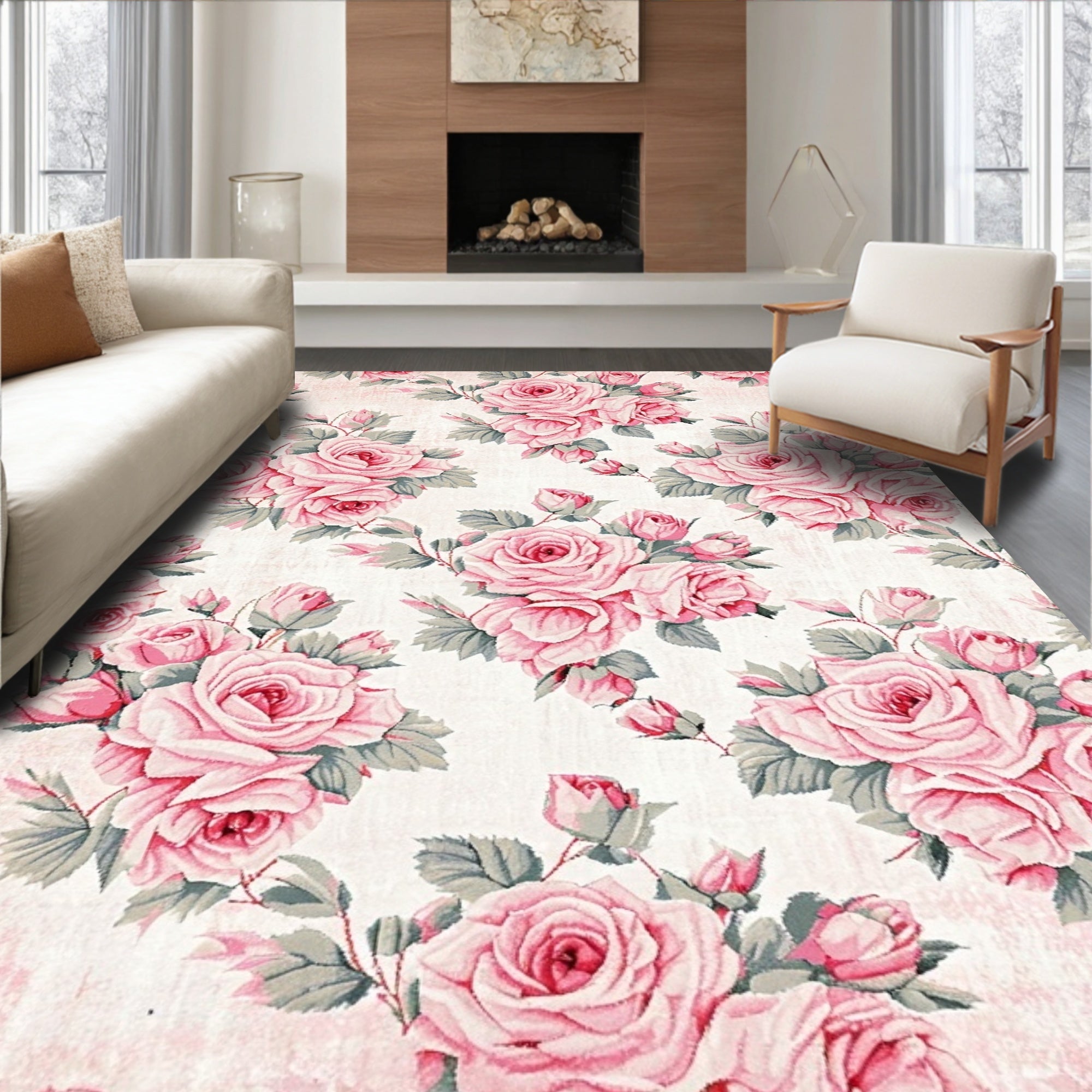 Pink Rose Floral Romantic Rug(Pink)