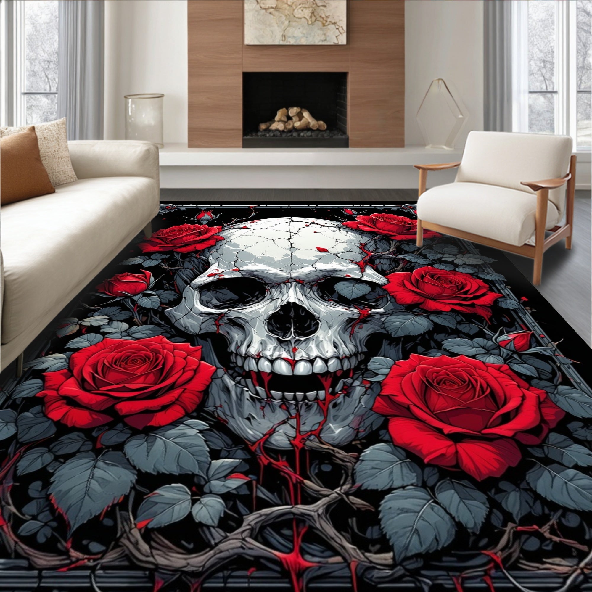 Dark Skull Red Roses Edgy Rug(Red)