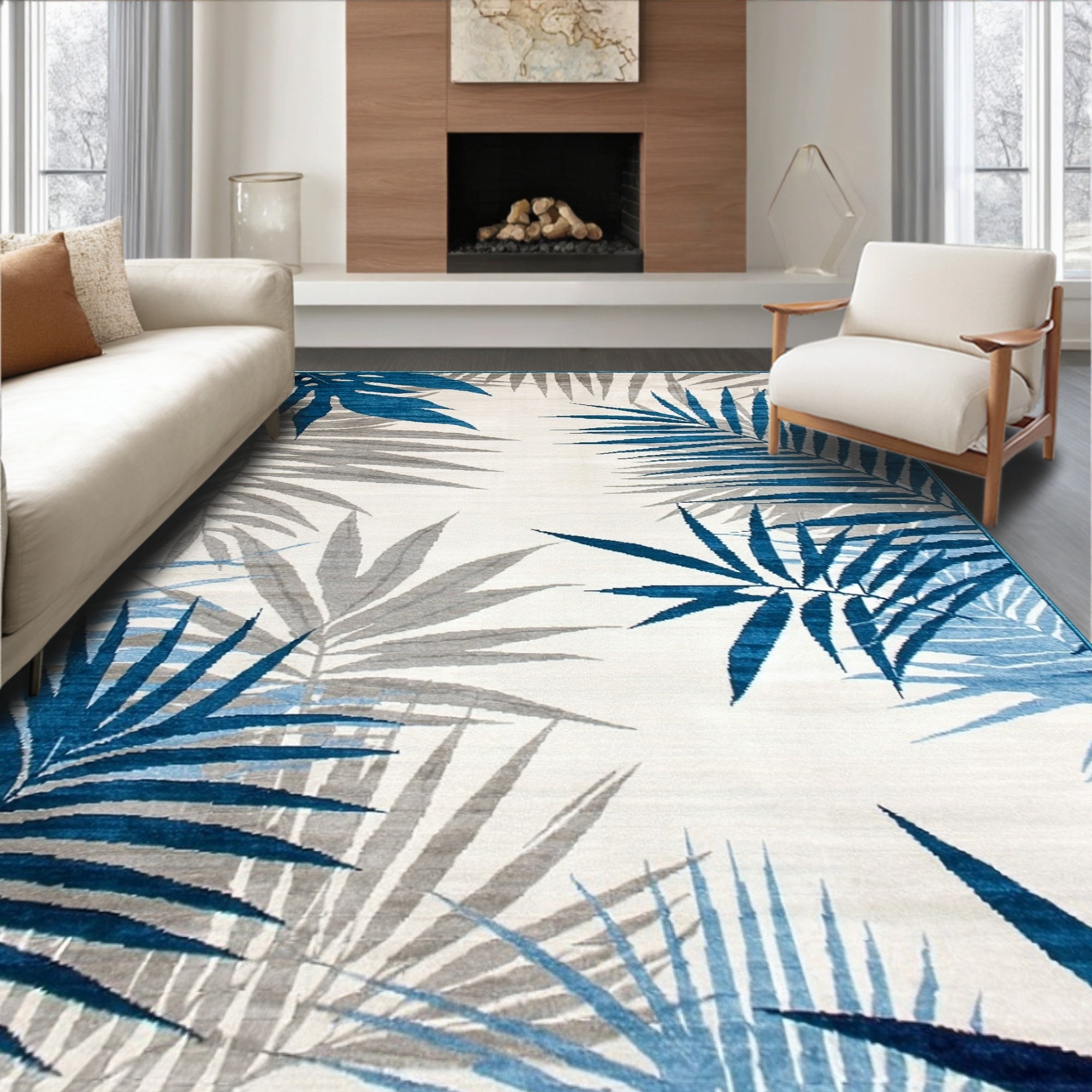 Tropical Blue Palm Leaf Rug