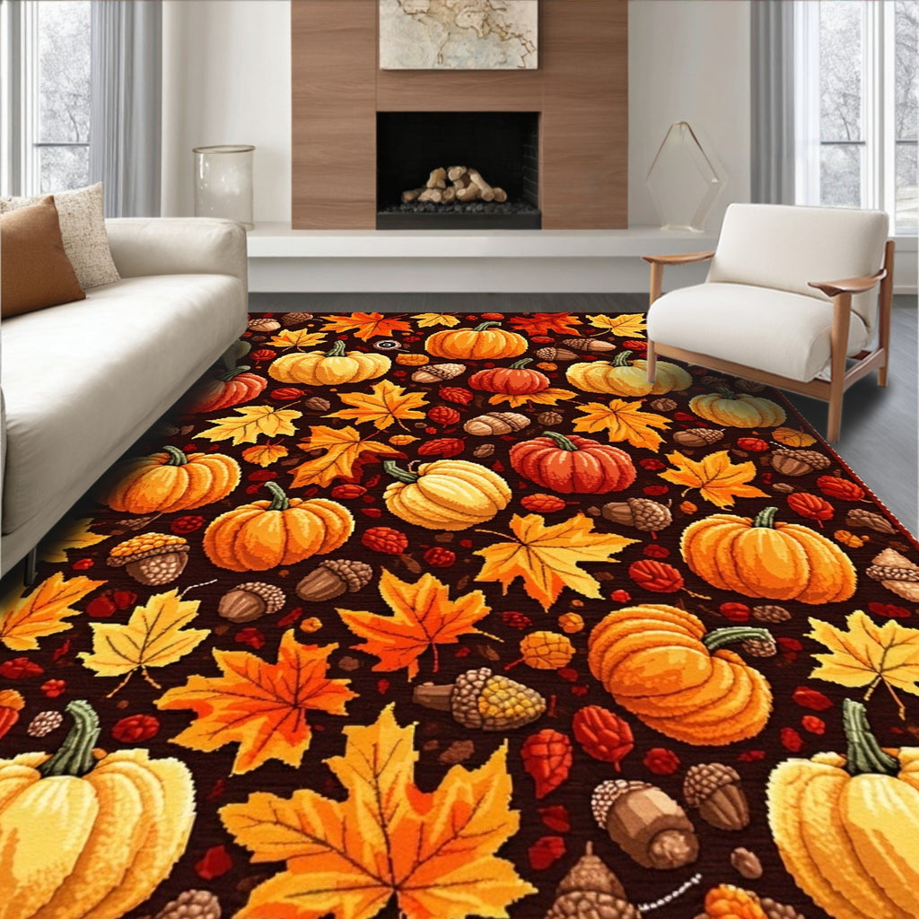 Cozy Autumn Pumpkin Leaf Acorn Rug(Brown)