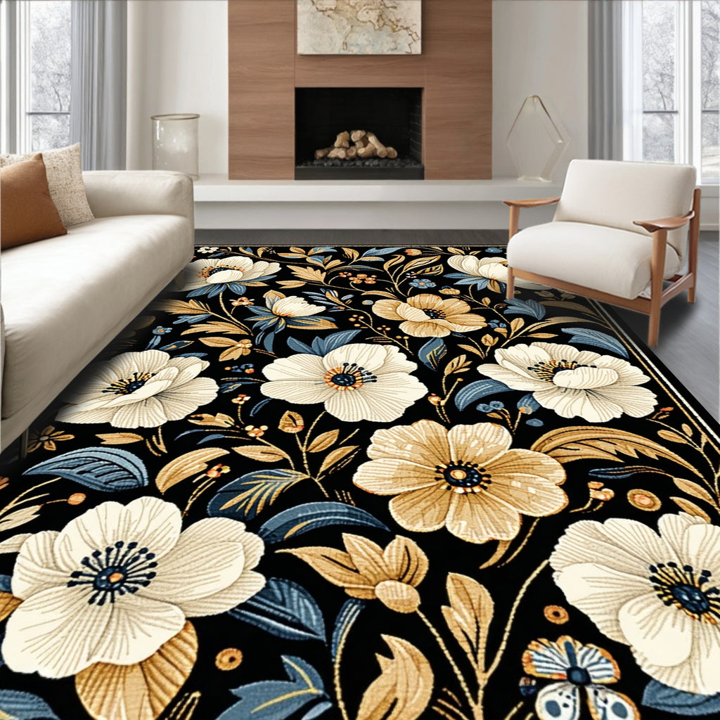 Elegant Black Floral Rug(Black)