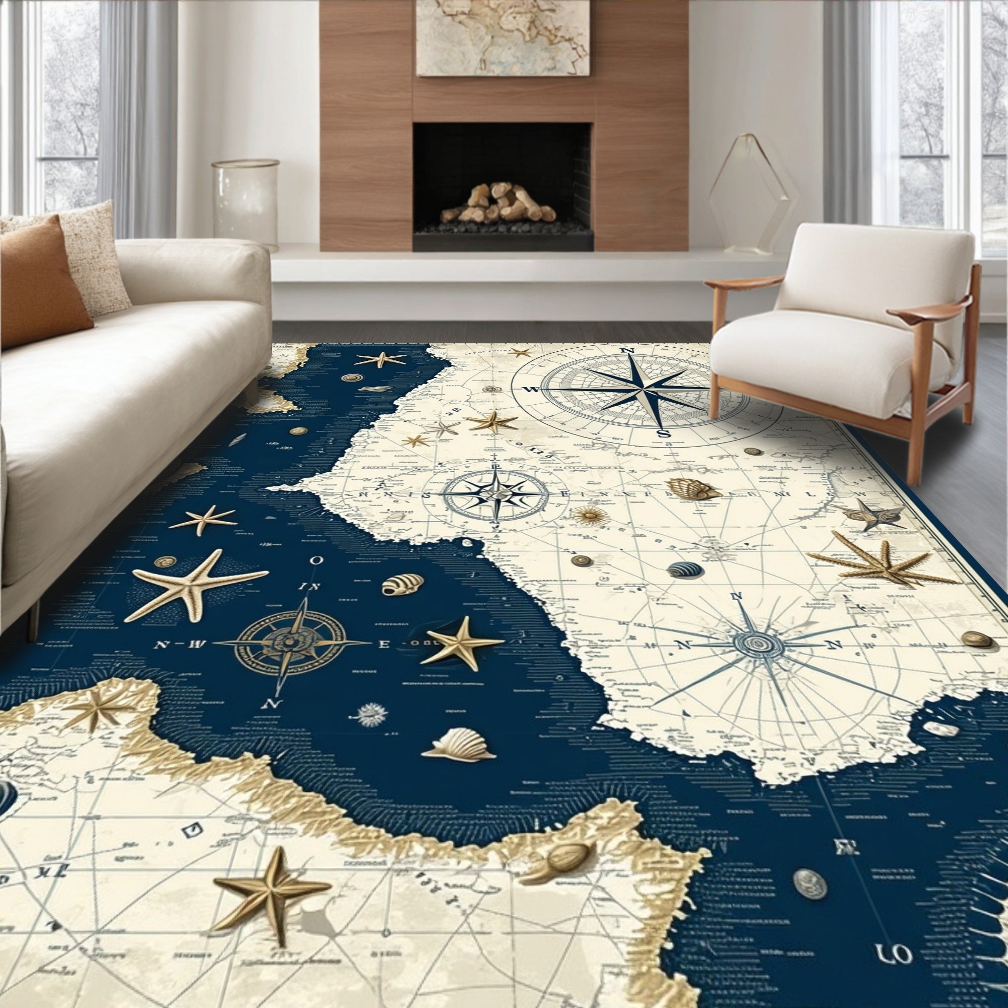 Vintage Nautical Map Navy Cream Adventure Rug(Blue)
