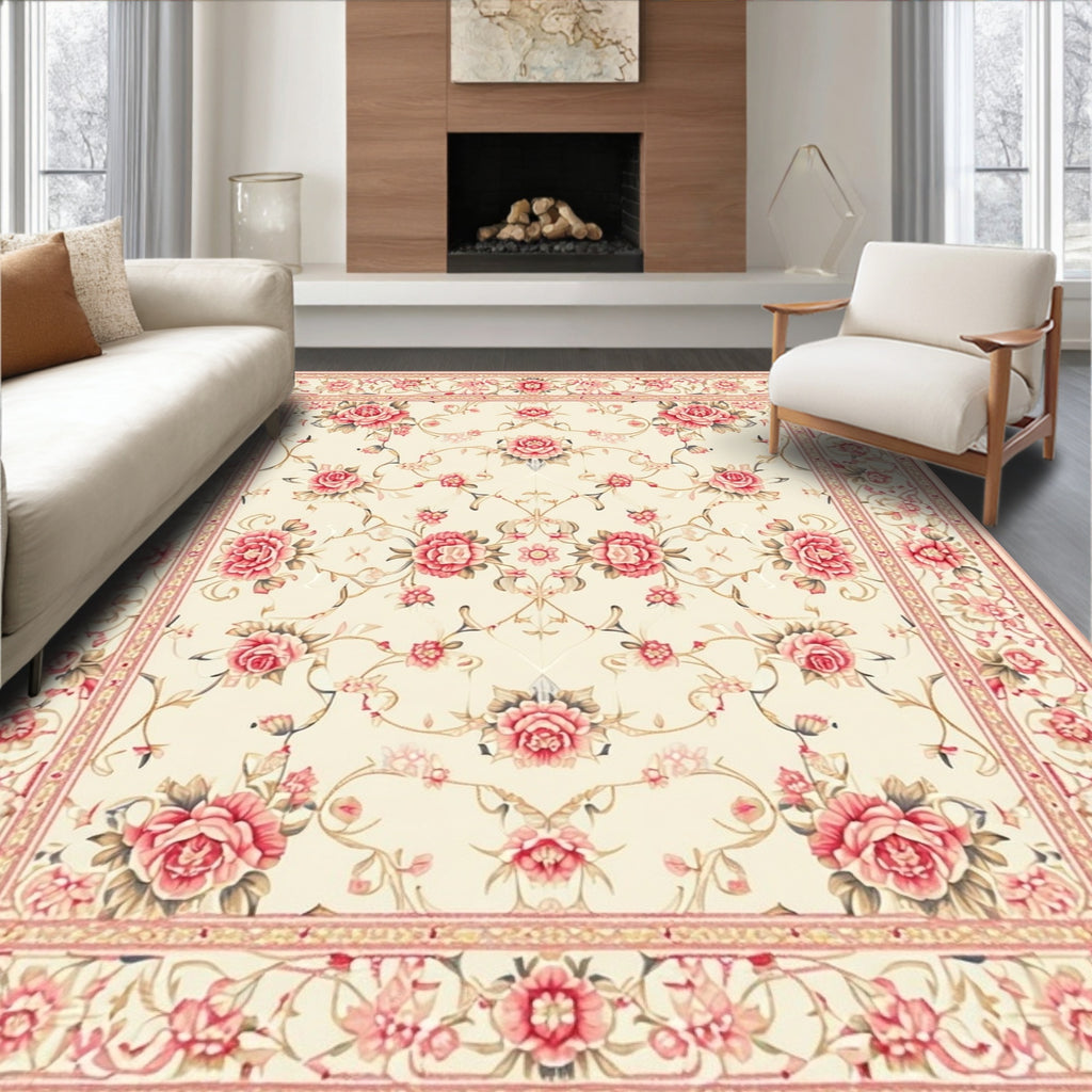 Cream Pink Rose Vine Rug