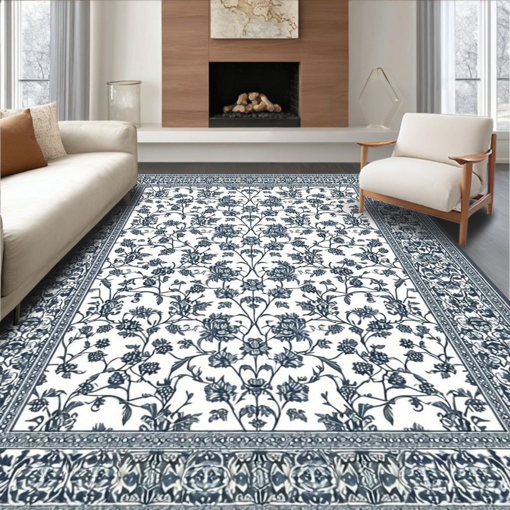 Navy Intricate Floral Elegant Rug(Blue)