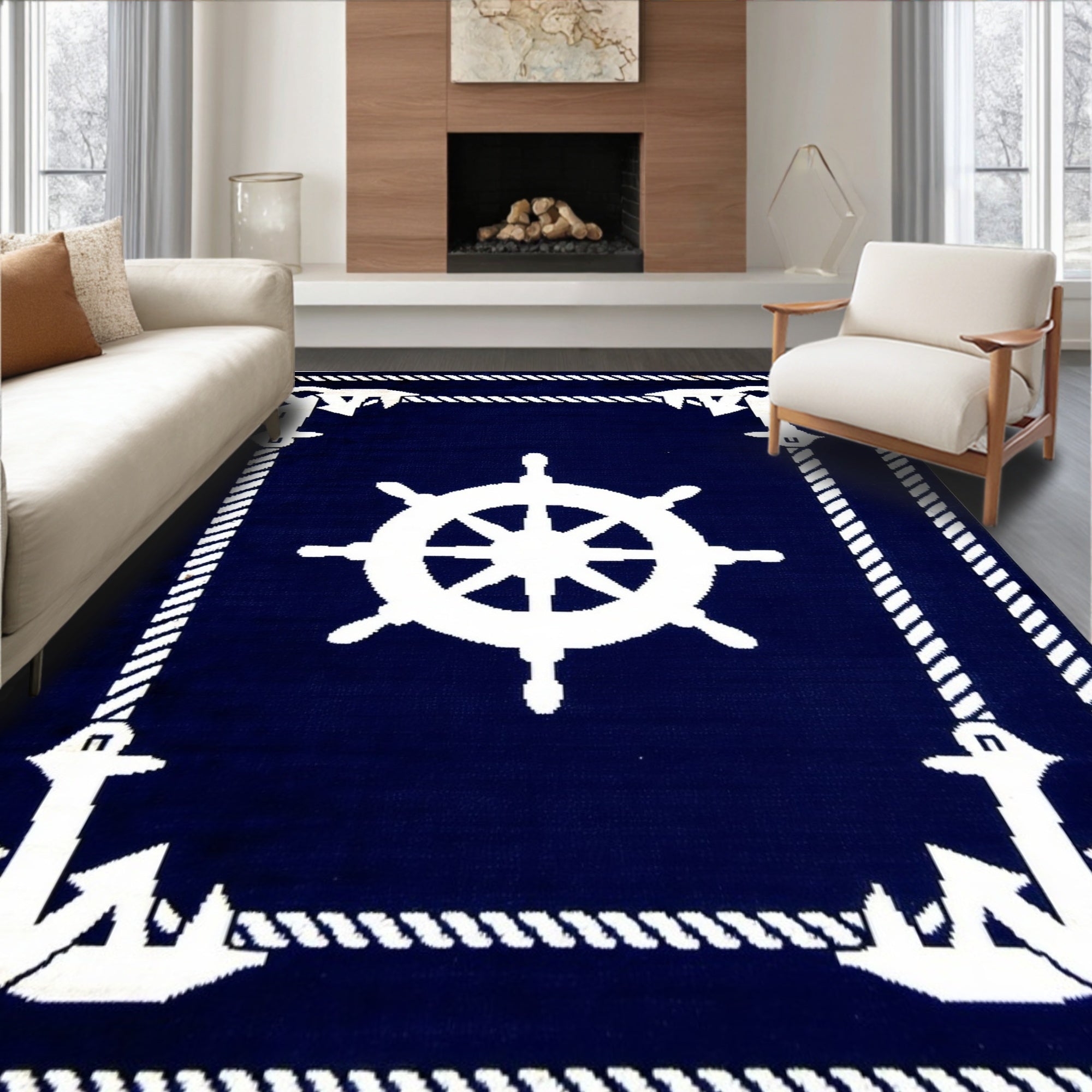 Navy Blue Nautical Coastal Rug(Blue)