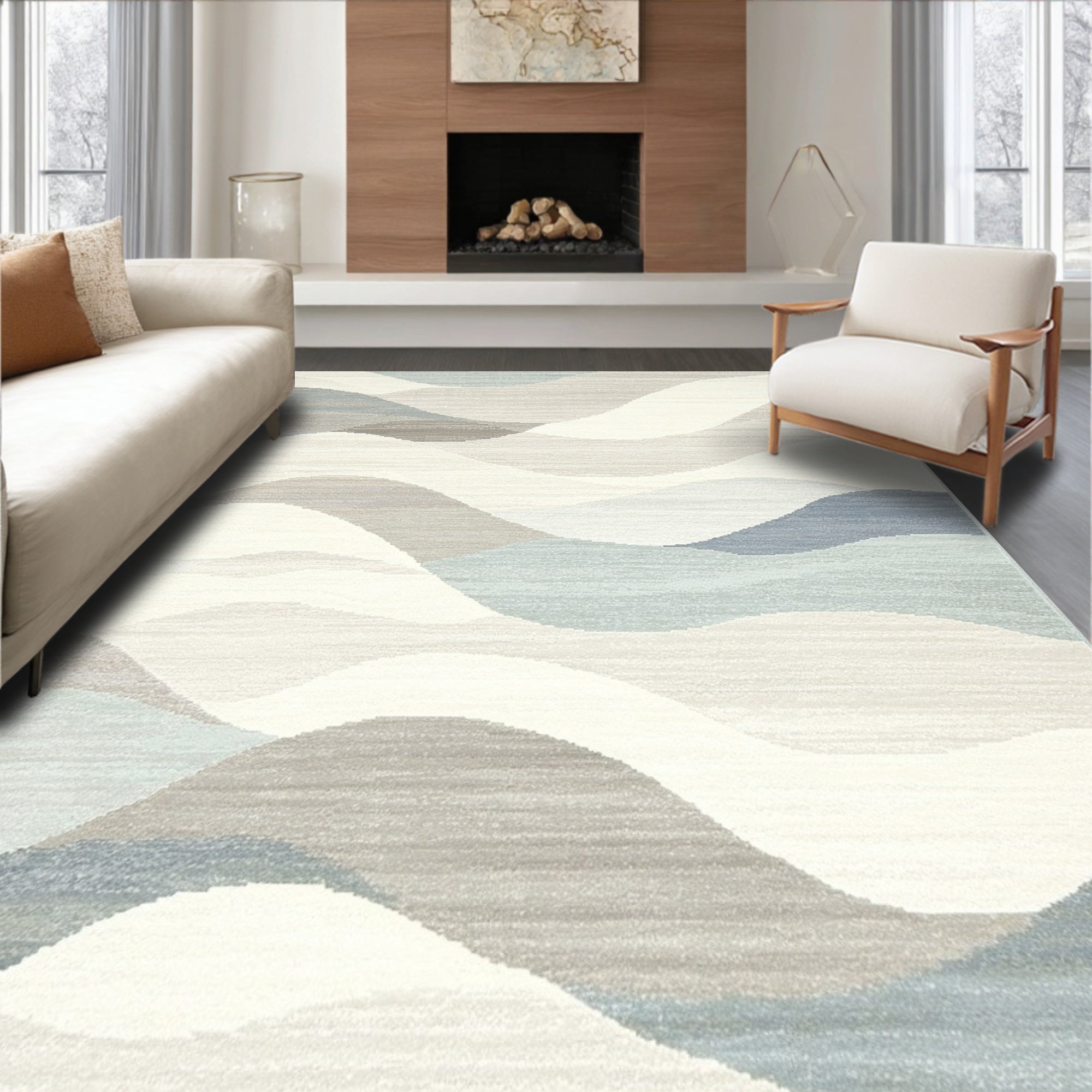 Tranquil Blue-Grey Wave Rug(Beige)