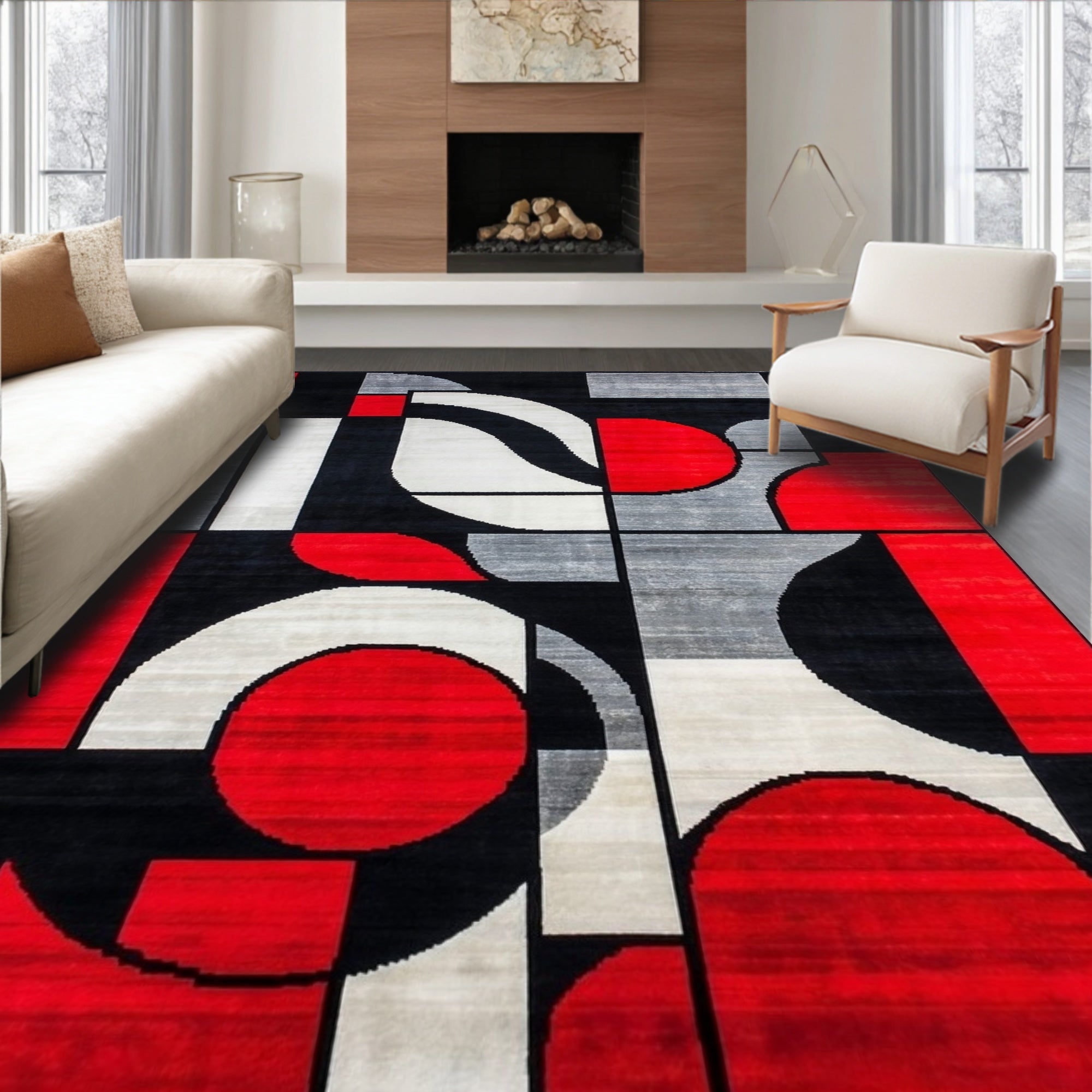 Vibrant Abstract Geometric Red-Black Gray Rug
