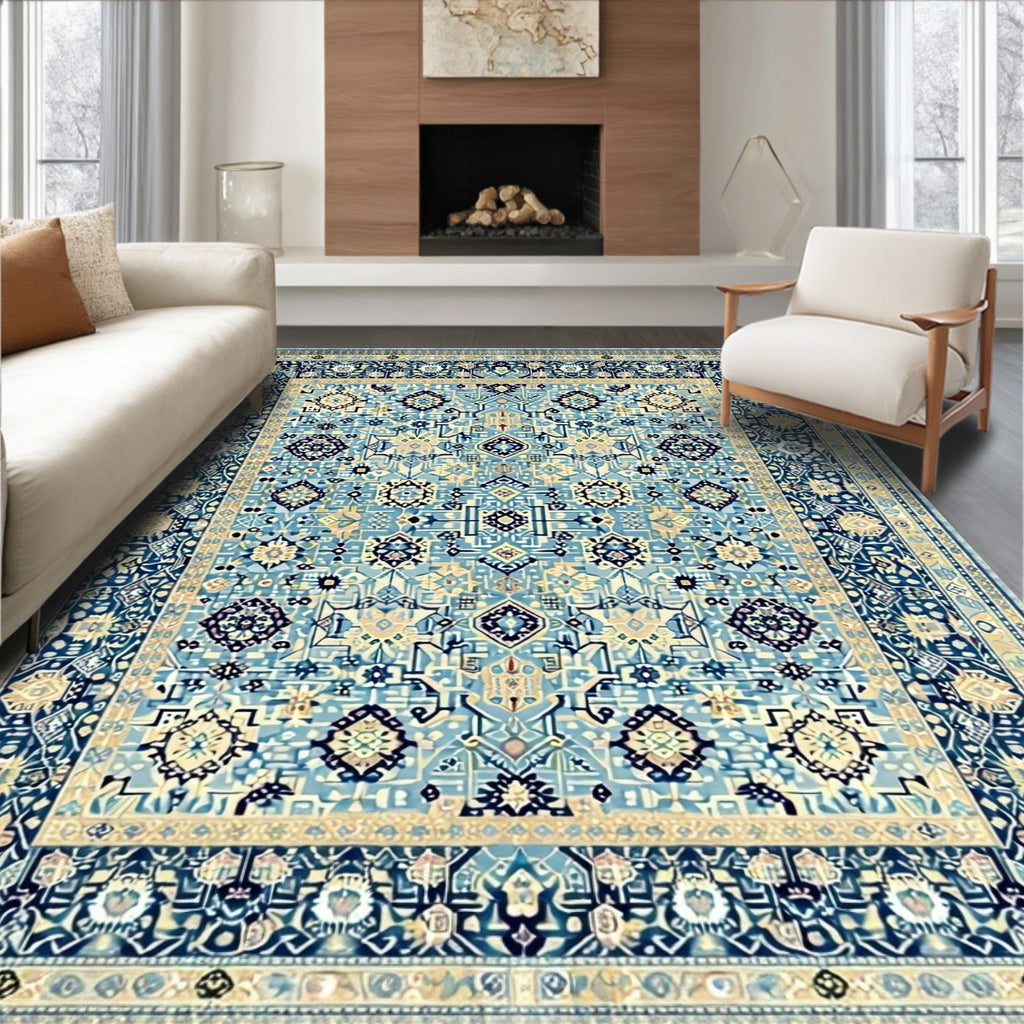 Elegant Blue Beige Ornate Rug(Blue)