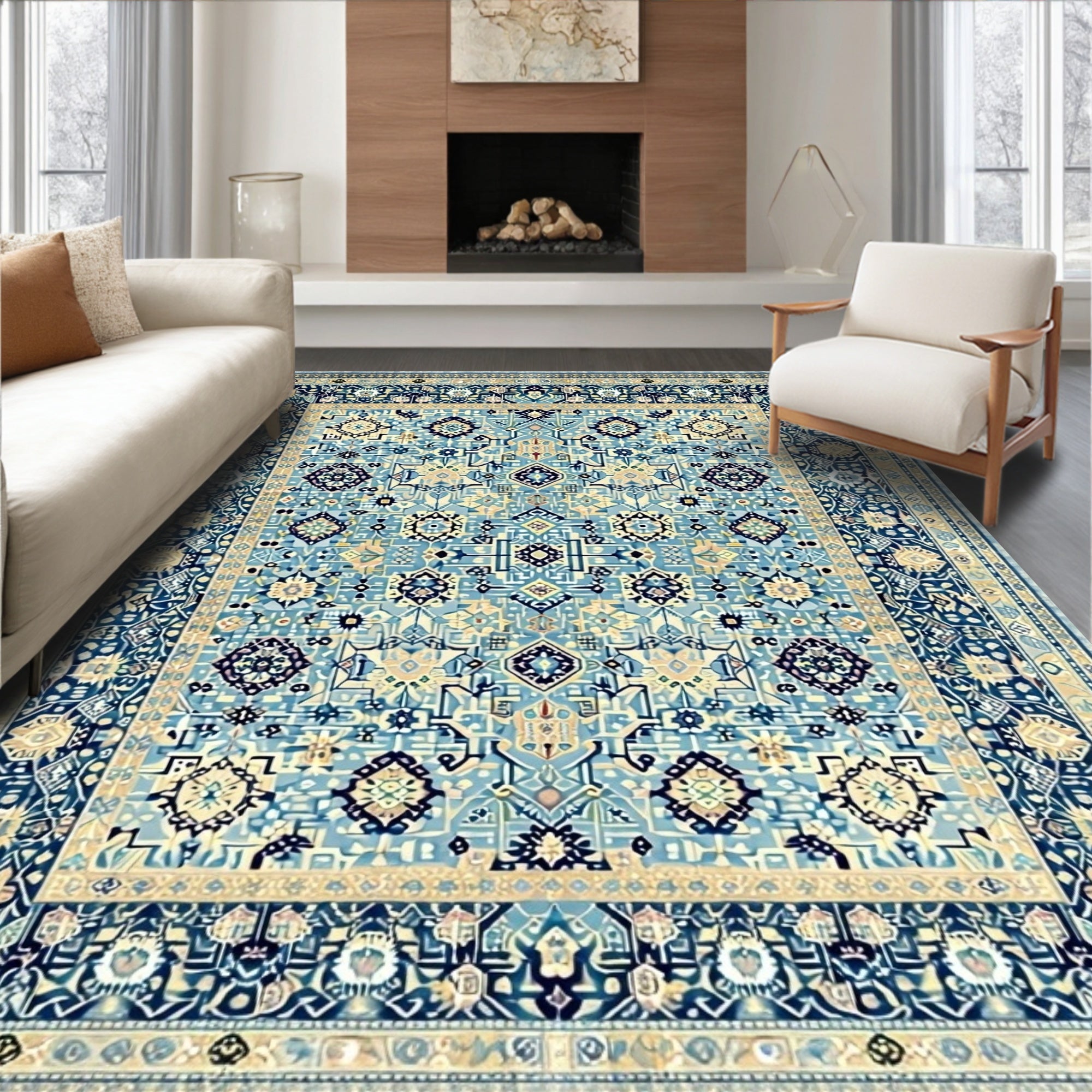 Elegant Blue Beige Ornate Rug(Blue)