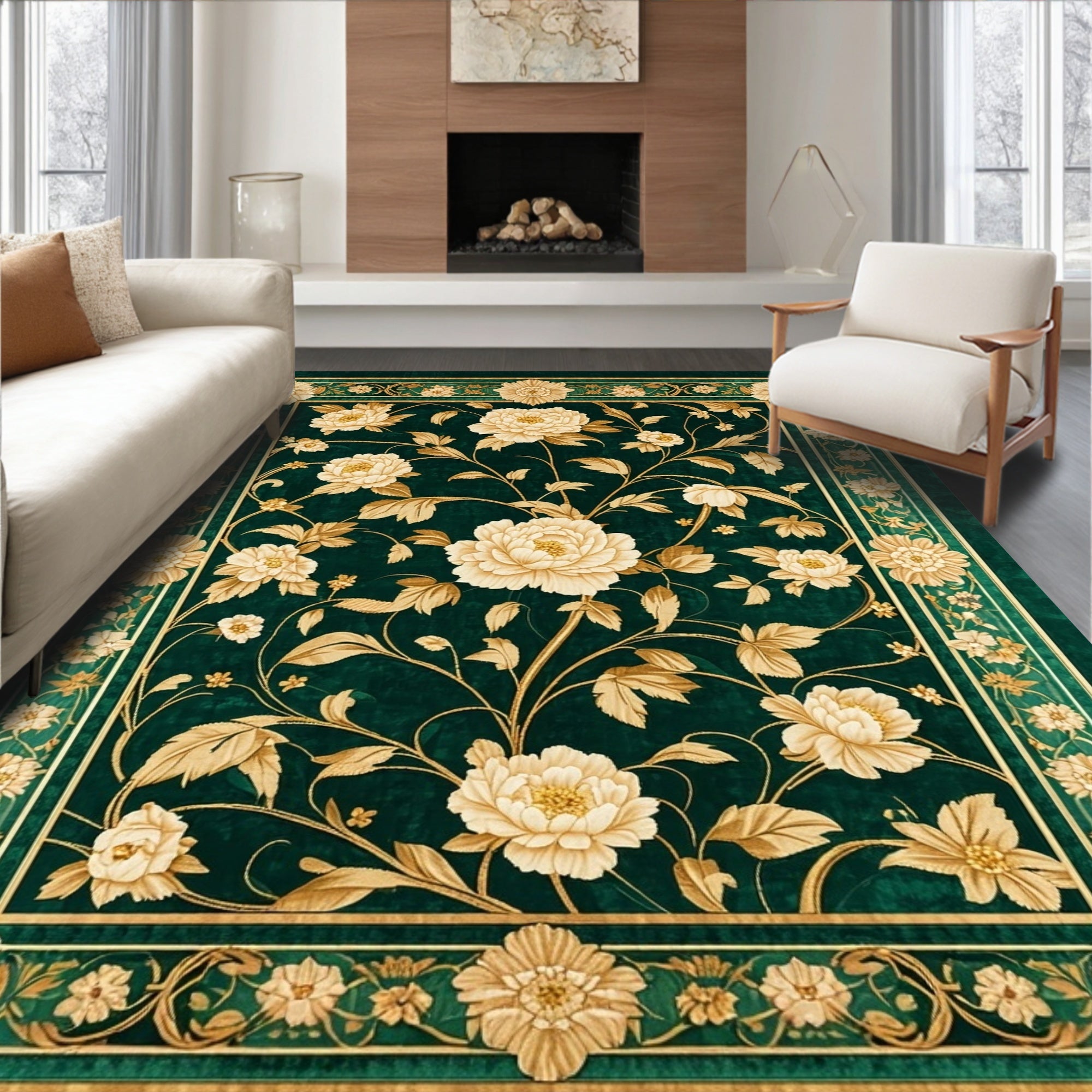 Emerald Green Floral Ornate Rug(Green)