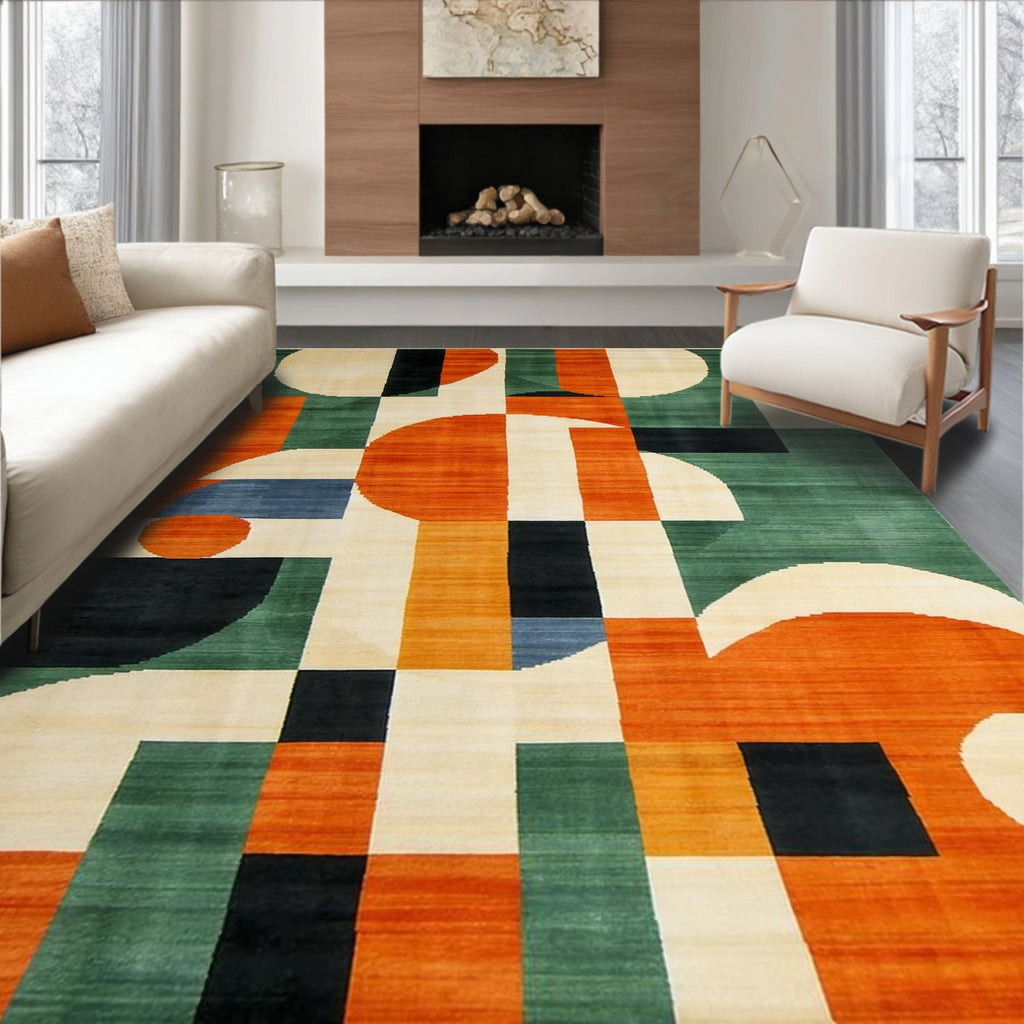 Vibrant Orange Green Geometric Rug