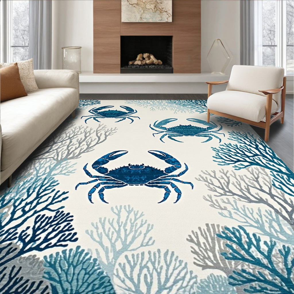 Nautical Blue Crab-Coral Rug(Blue)