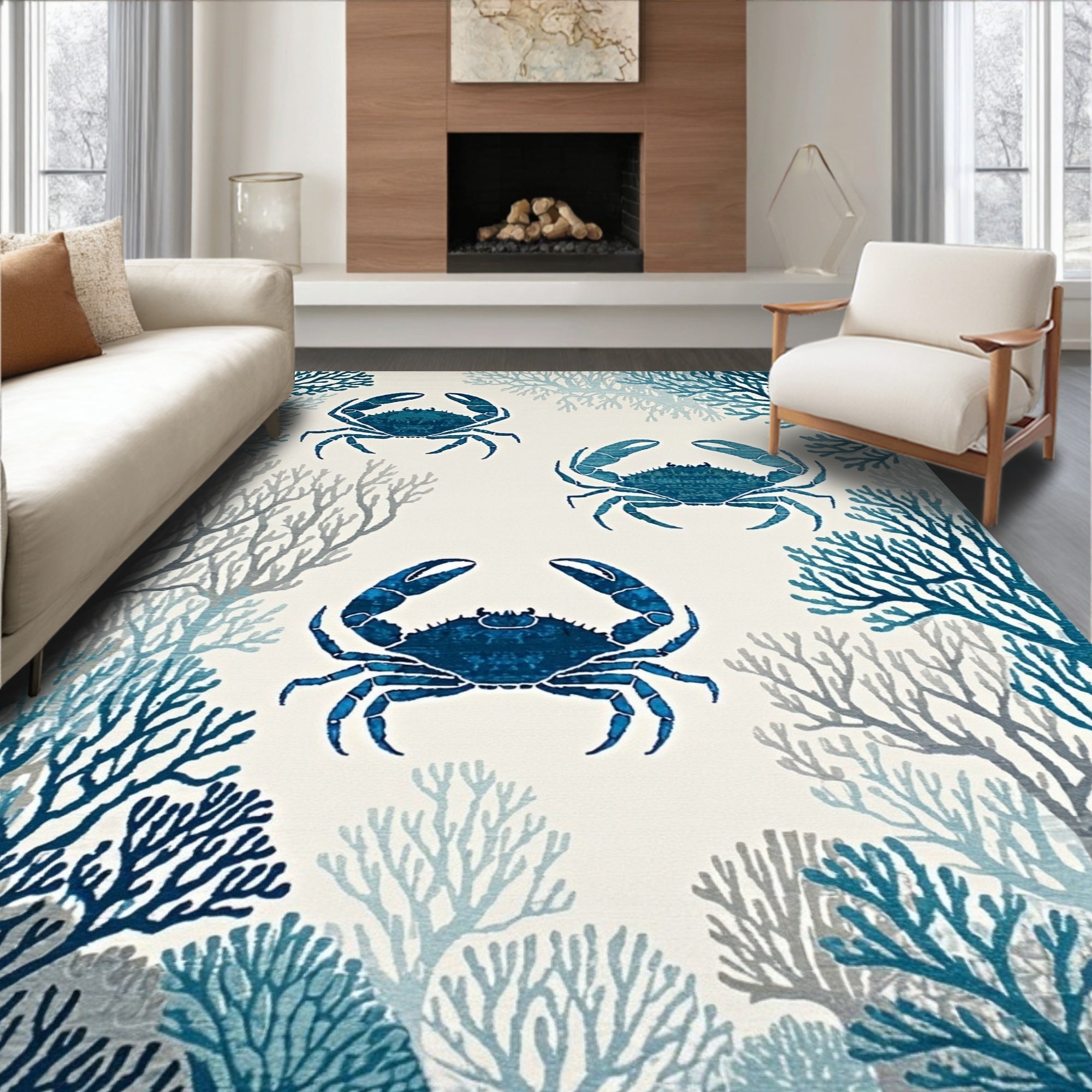 Nautical Blue Crab-Coral Rug(Blue)