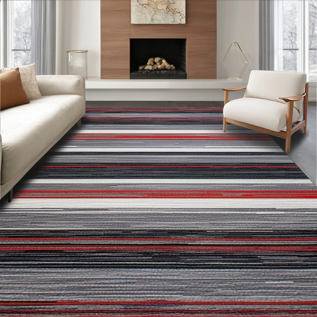 Vibrant red, gray striped modern rug