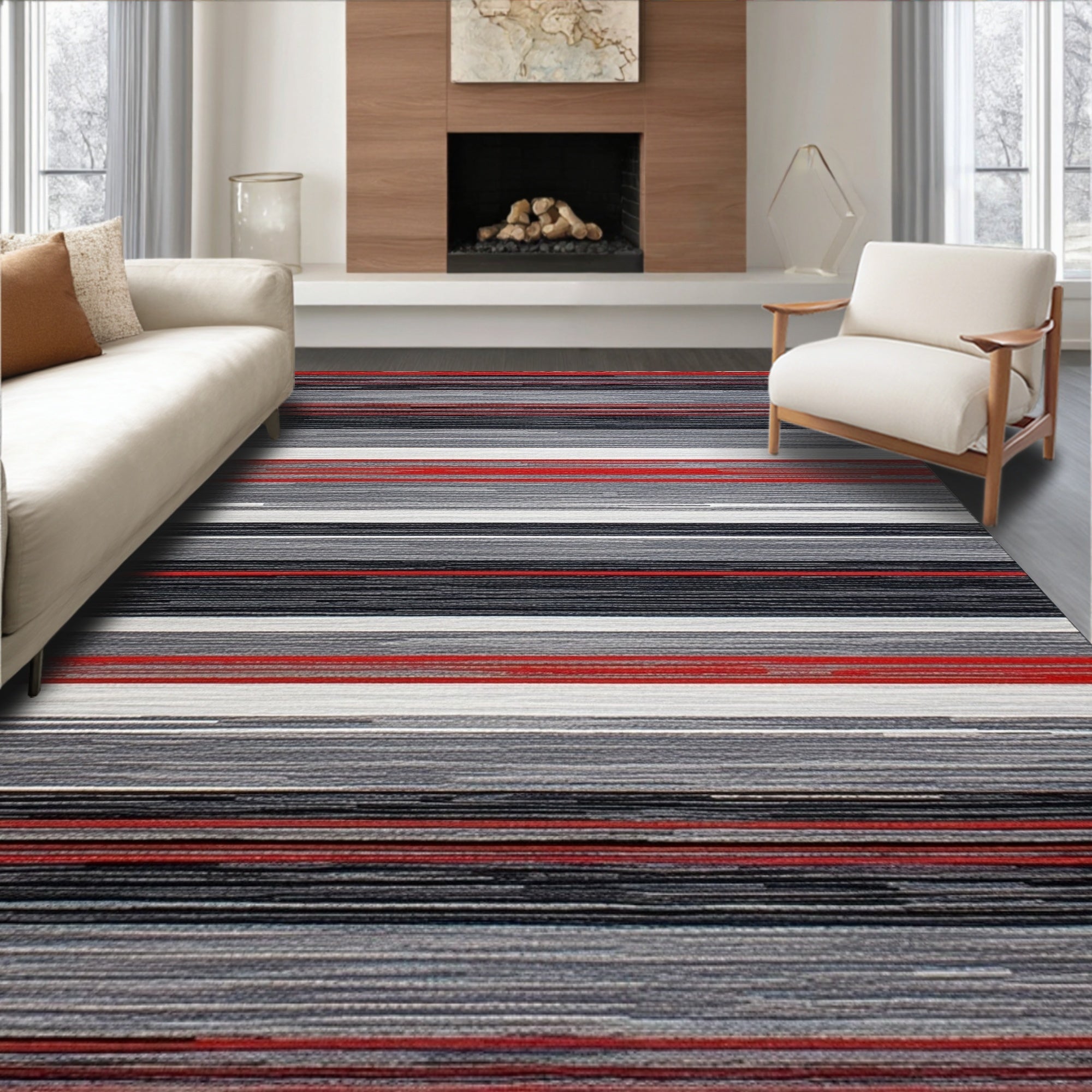 Vibrant red, gray striped modern rug