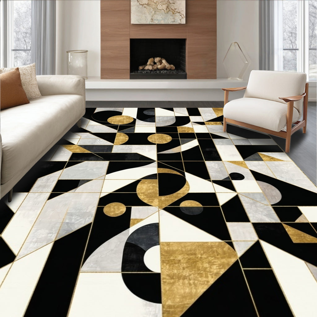 Black White Gold Geometric Modern Rug