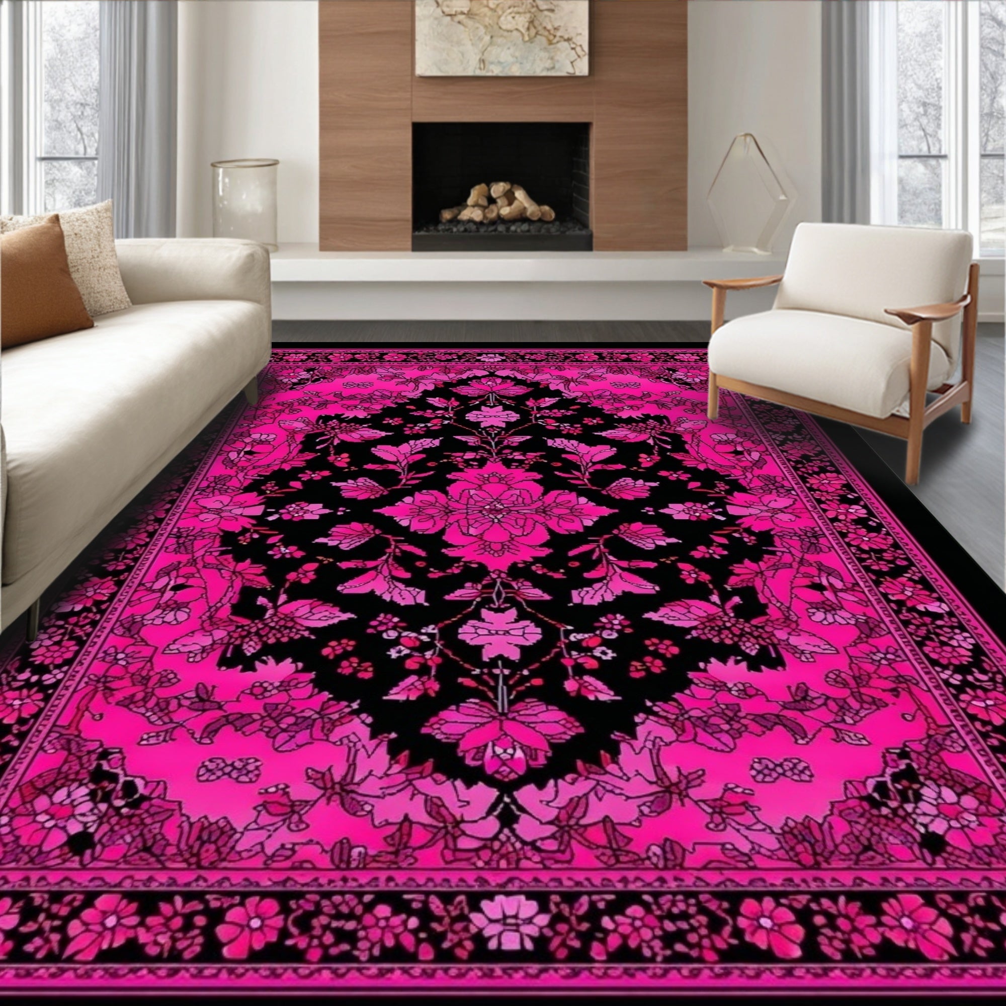 Vibrant Pink Ornate Floral Rug(Pink)