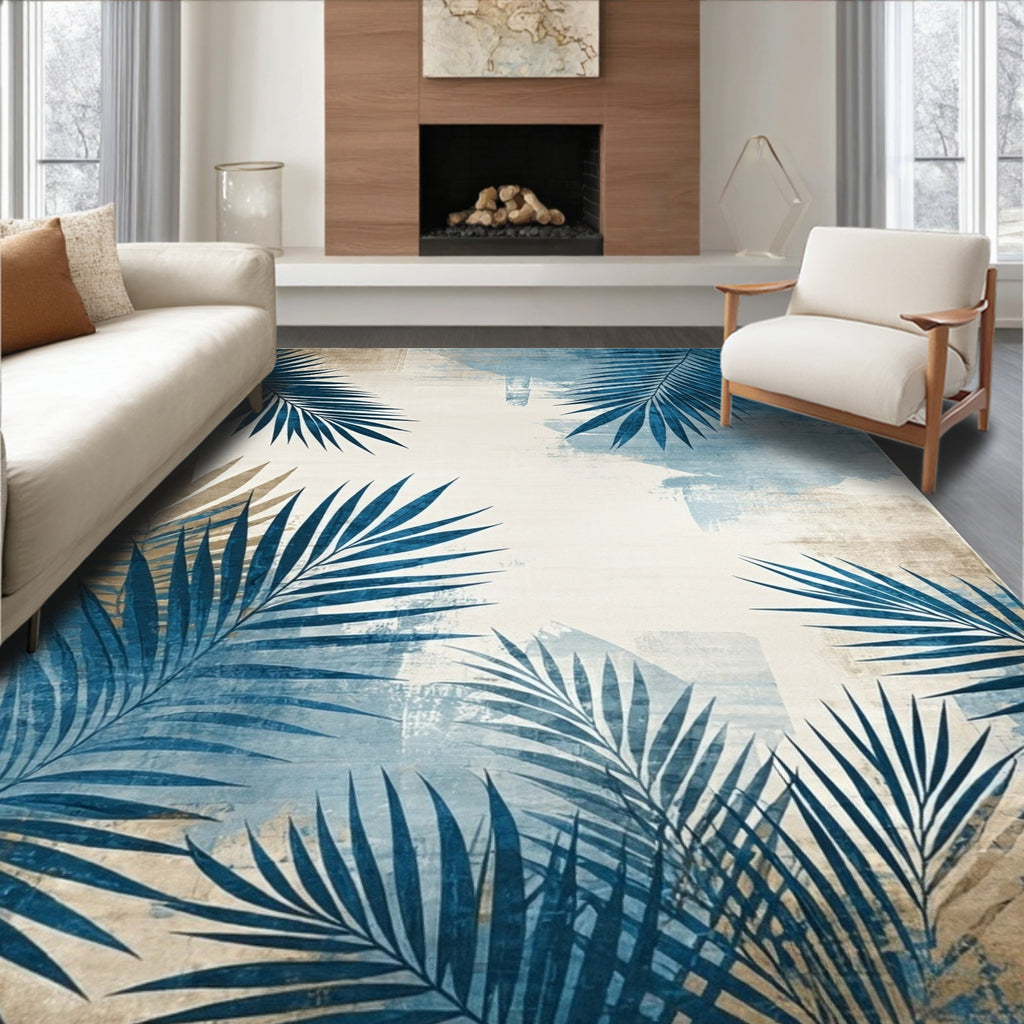 Blue Coastal Palm Leaf Rug