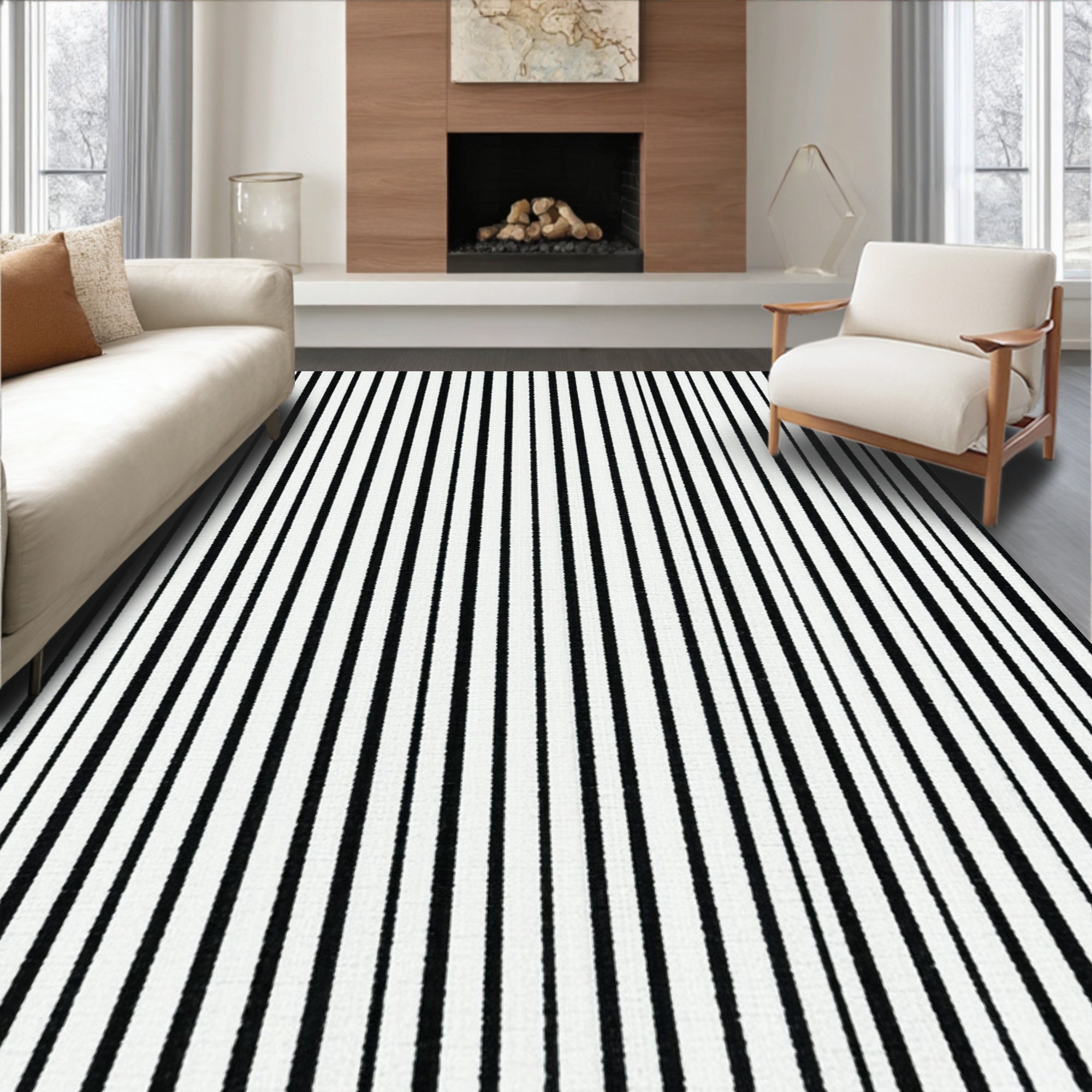 Black and White Vertical Stripes Modern Rug(Black)