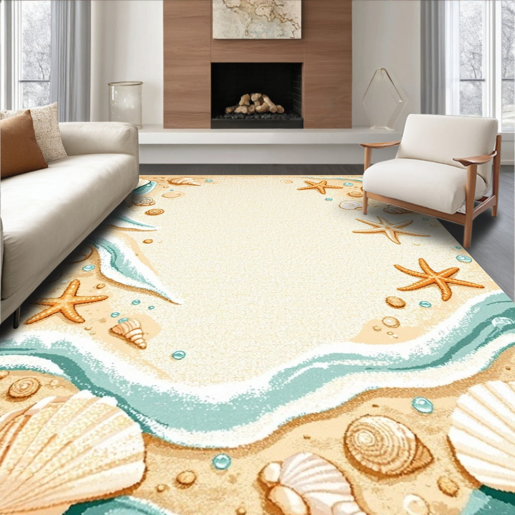 Sandy Beige Coastal Seashell Starfish Rug(Beige)