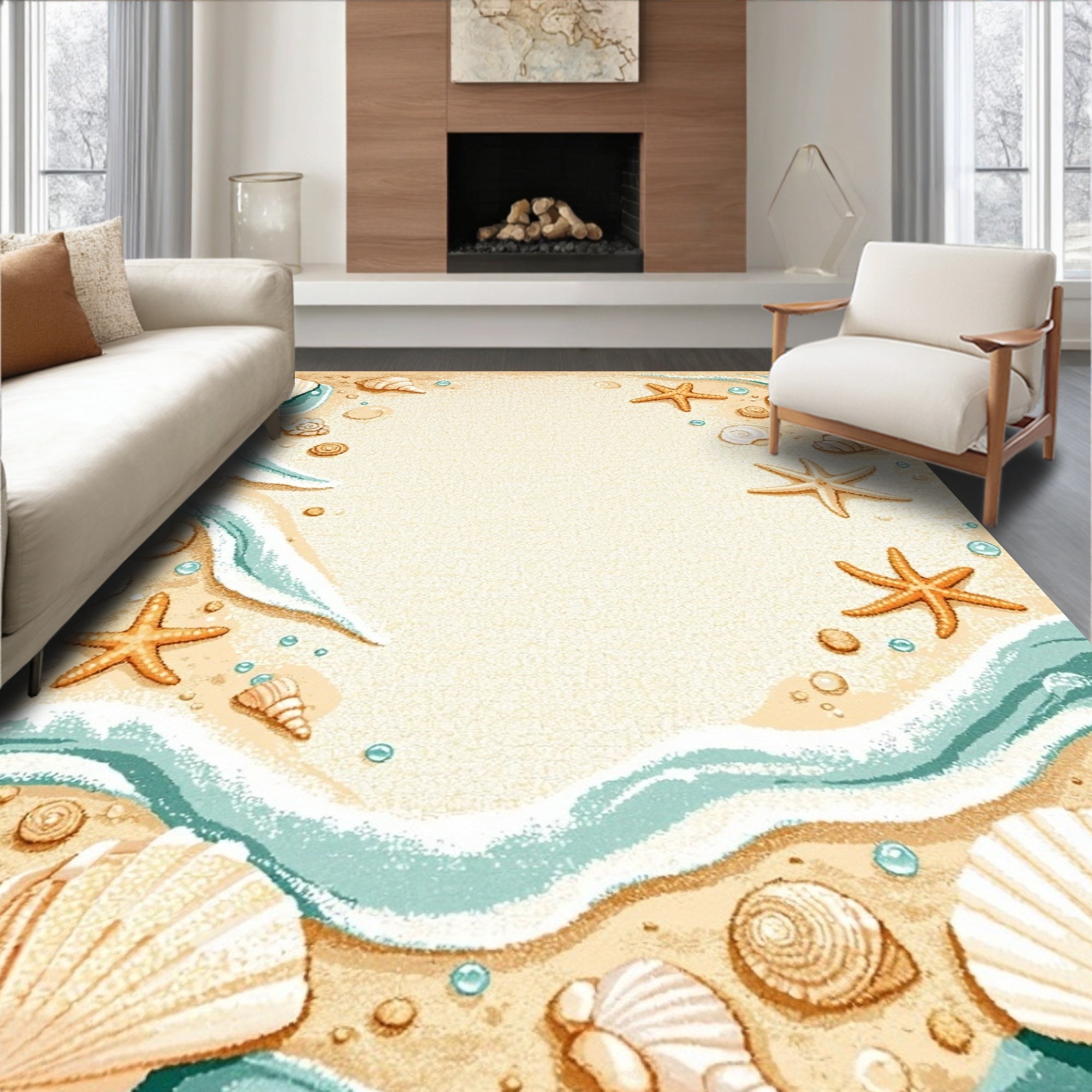 Sandy Beige Coastal Seashell Starfish Rug(Beige)