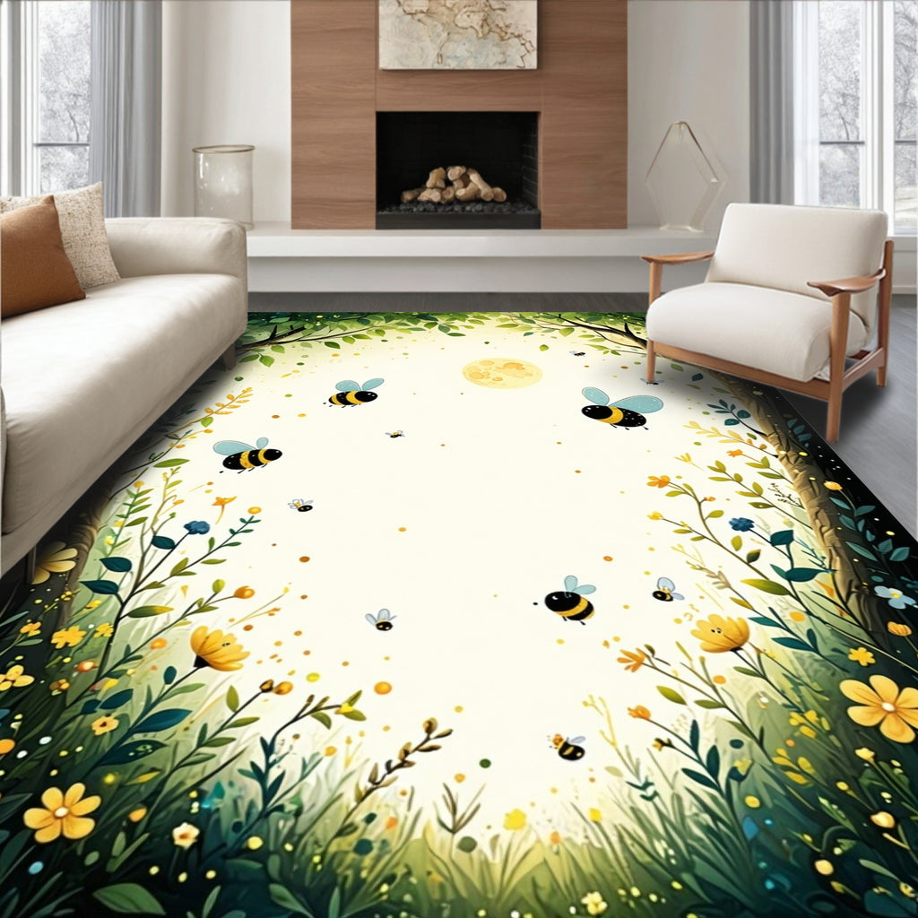 Whimsical Bee & Floral Green-Yellow Rug(Green)