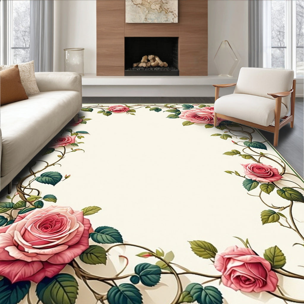 Elegant Pink Rose Vine Rug(Beige)