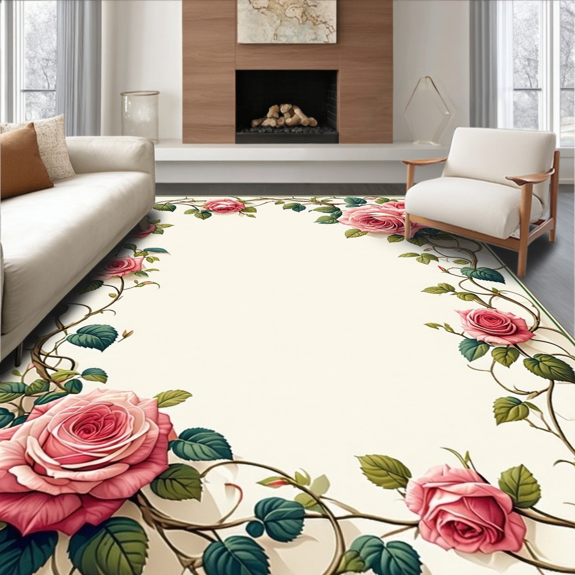 Elegant Pink Rose Vine Rug(Beige)