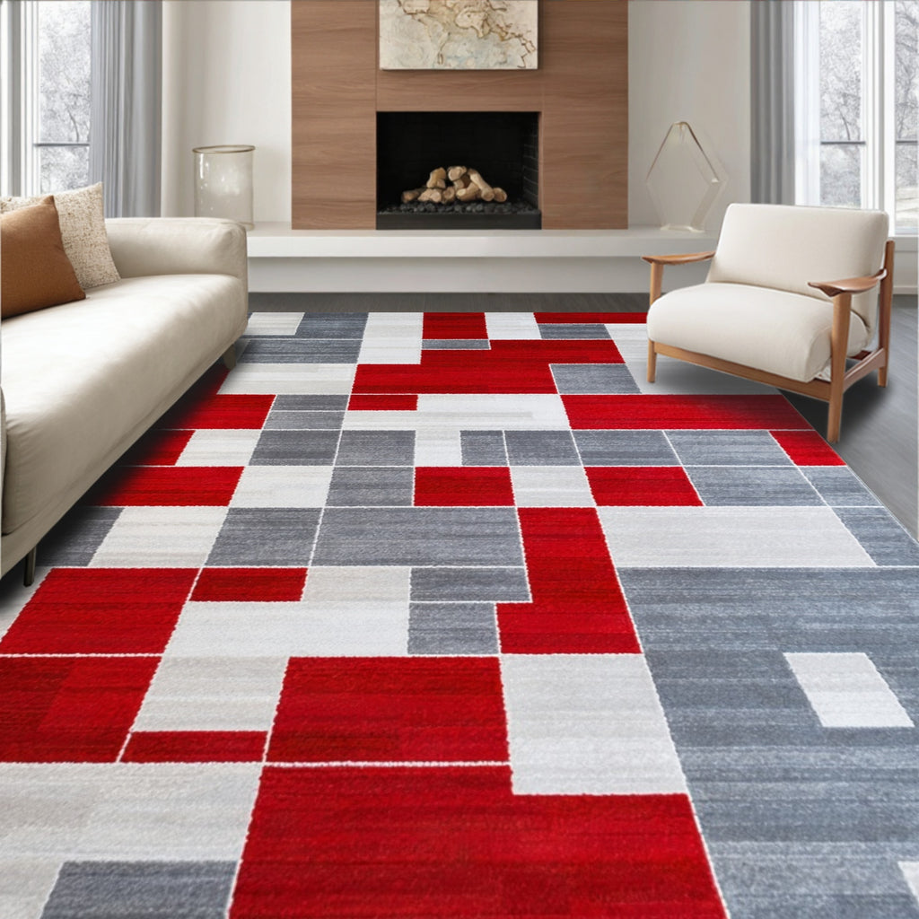 Modern Red Gray Geometric Block Rug(Red)