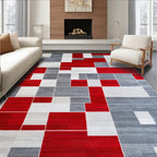 Modern Red Gray Geometric Block Rug(Red)
