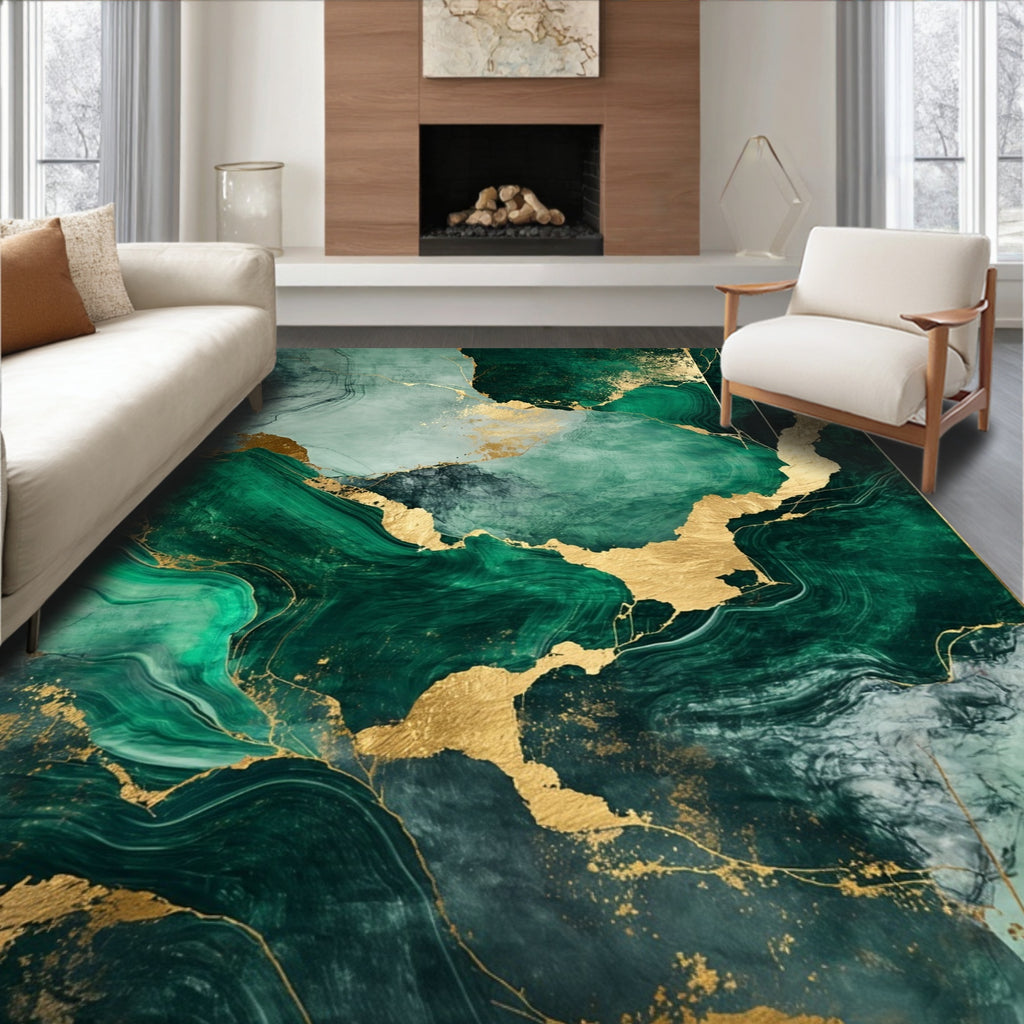 Emerald Gold Fluid Abstract Elegant Rug