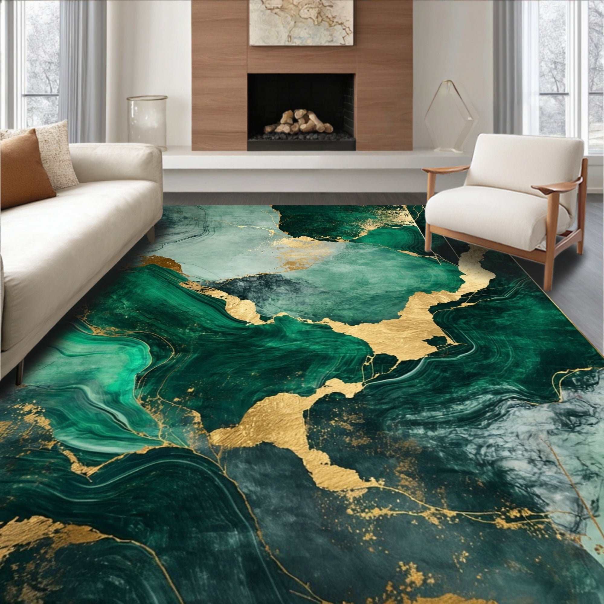 Emerald Gold Fluid Abstract Elegant Rug