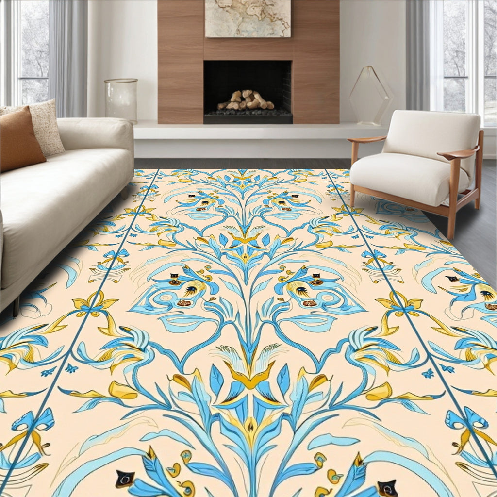 Vibrant Blue-Gold Floral Rug(Ivory)