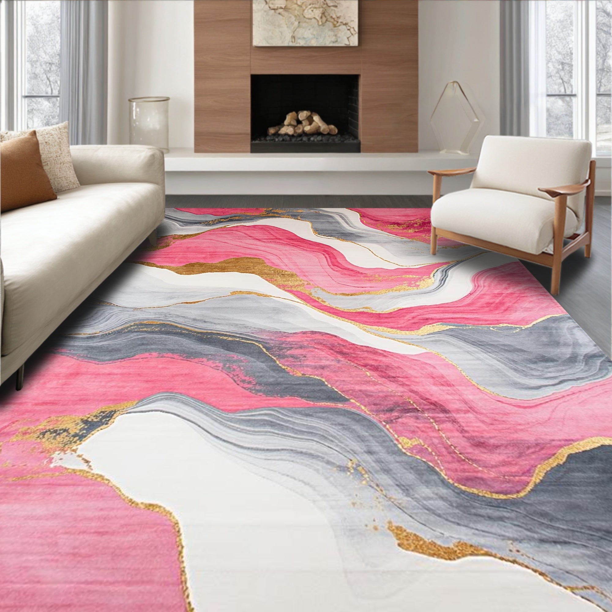 Elegant Pink Gray Wavy Pattern Rug(Pink)