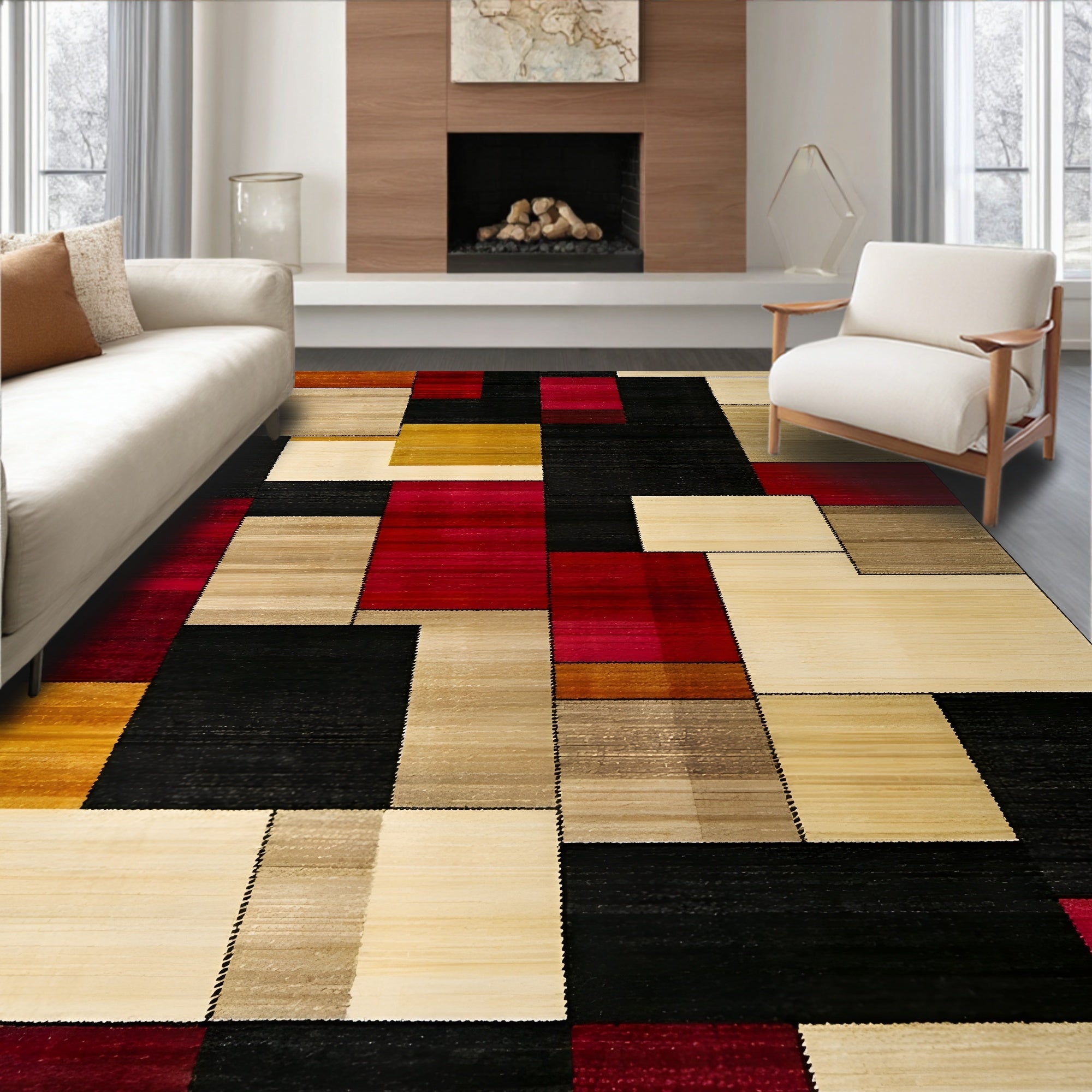 Energetic Geometric Vibrant Rug(Beige)