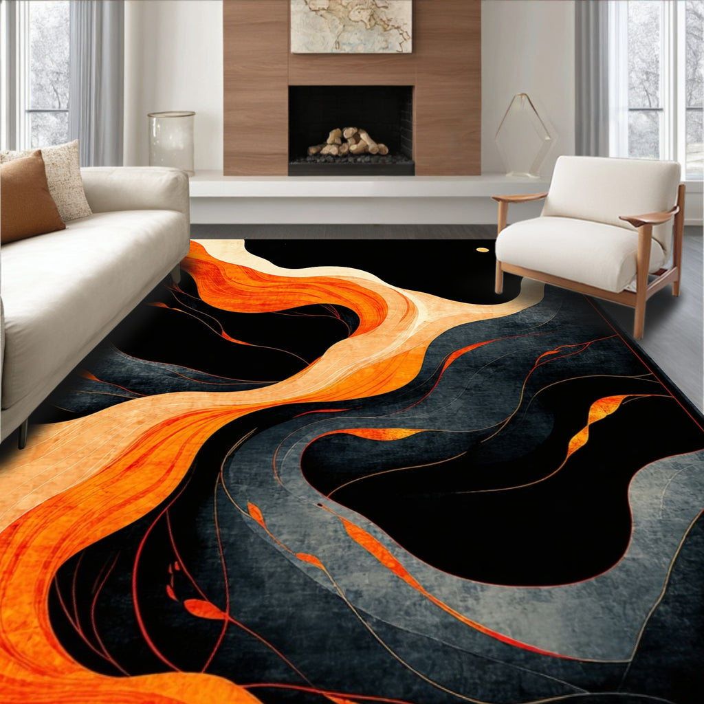 Vibrant Orange & Black Flowing Abstract Rug