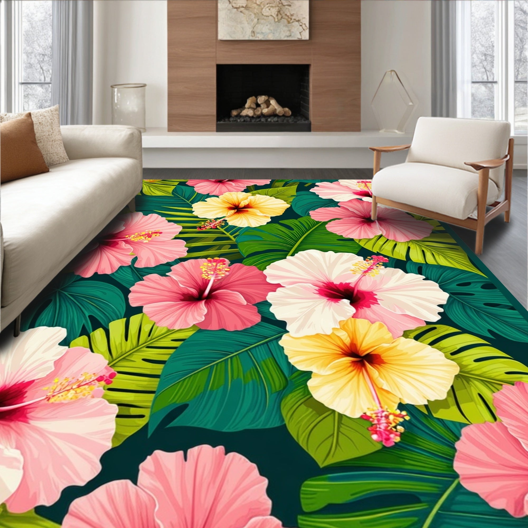 Lively Tropical Floral Rug(Pink)