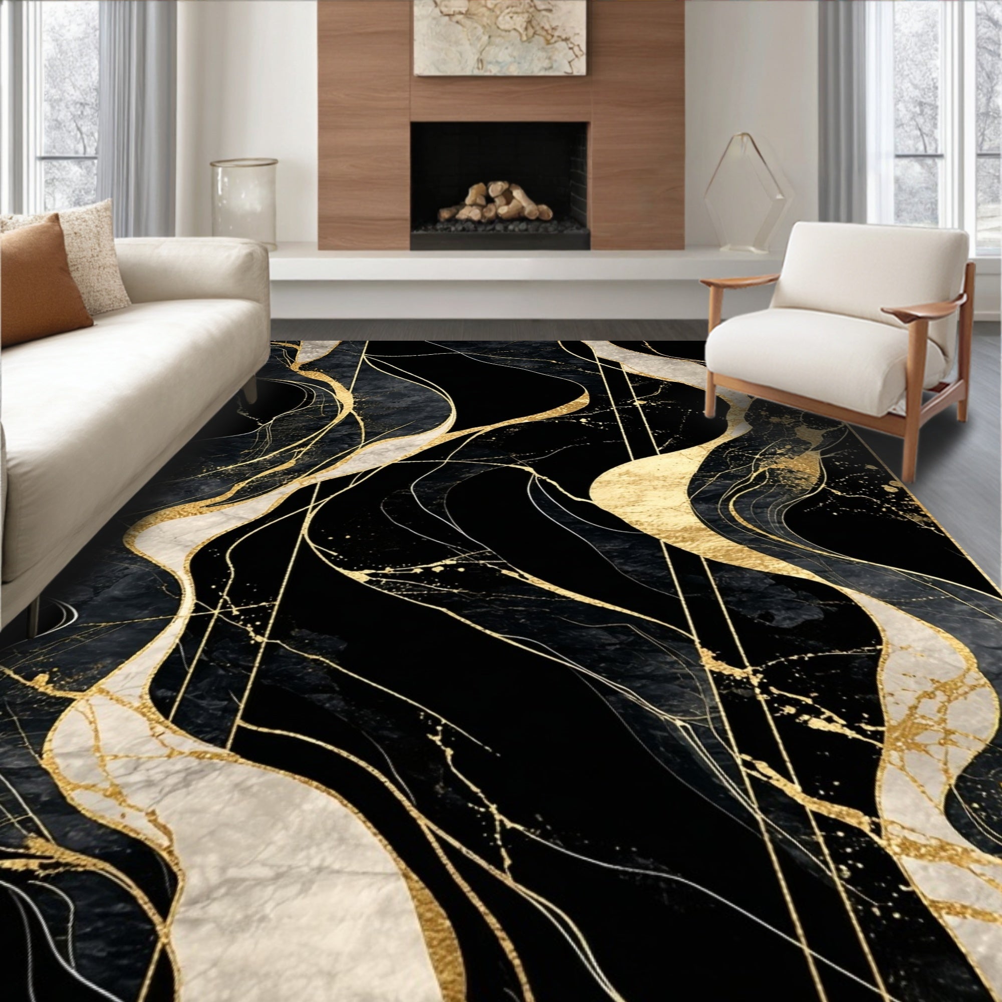 Modern Black Gold Abstract Flowing Rug
