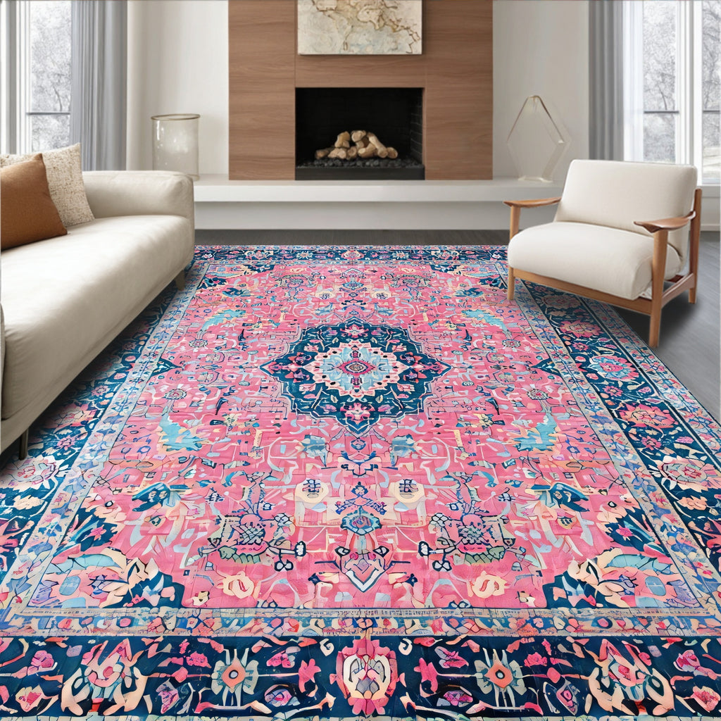 Elegant Pink Blue Floral Ornate Rug(Pink)