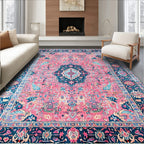 Elegant Pink Blue Floral Ornate Rug(Pink)