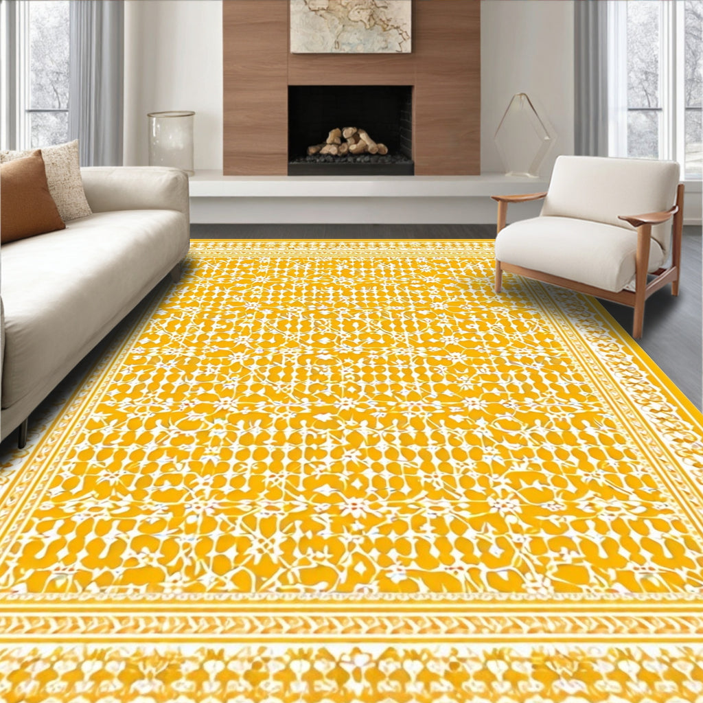 Sunny Yellow Ornate Floral Cheerful Rug(Yellow)