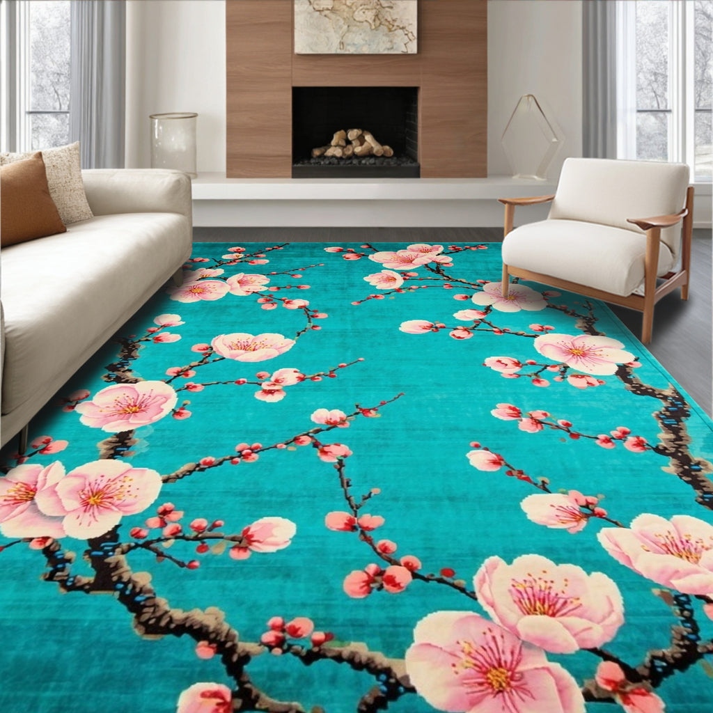Serene Teal Pink Cherry Blossom Rug(Blue)
