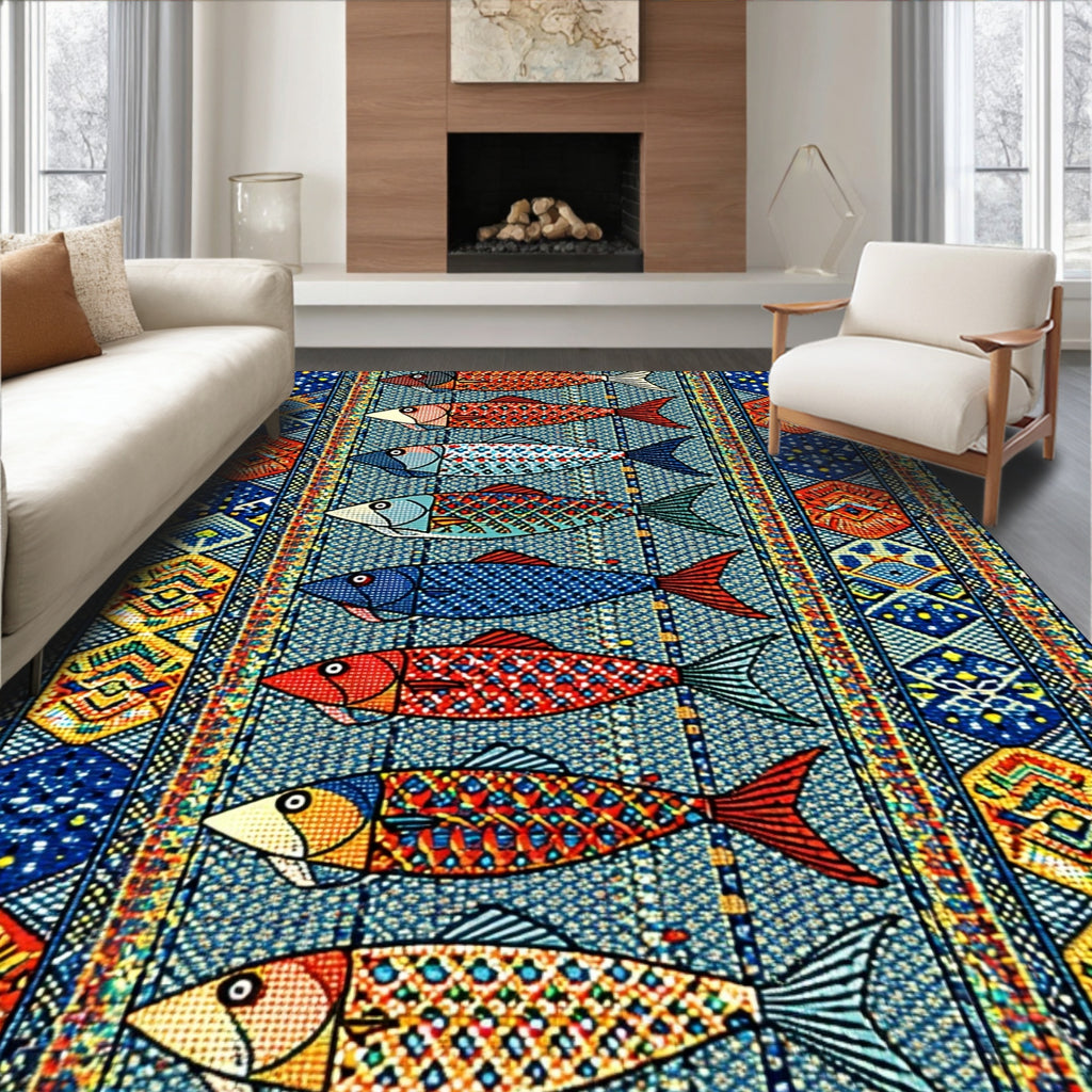 Multicolored fish-patterned lively rug
