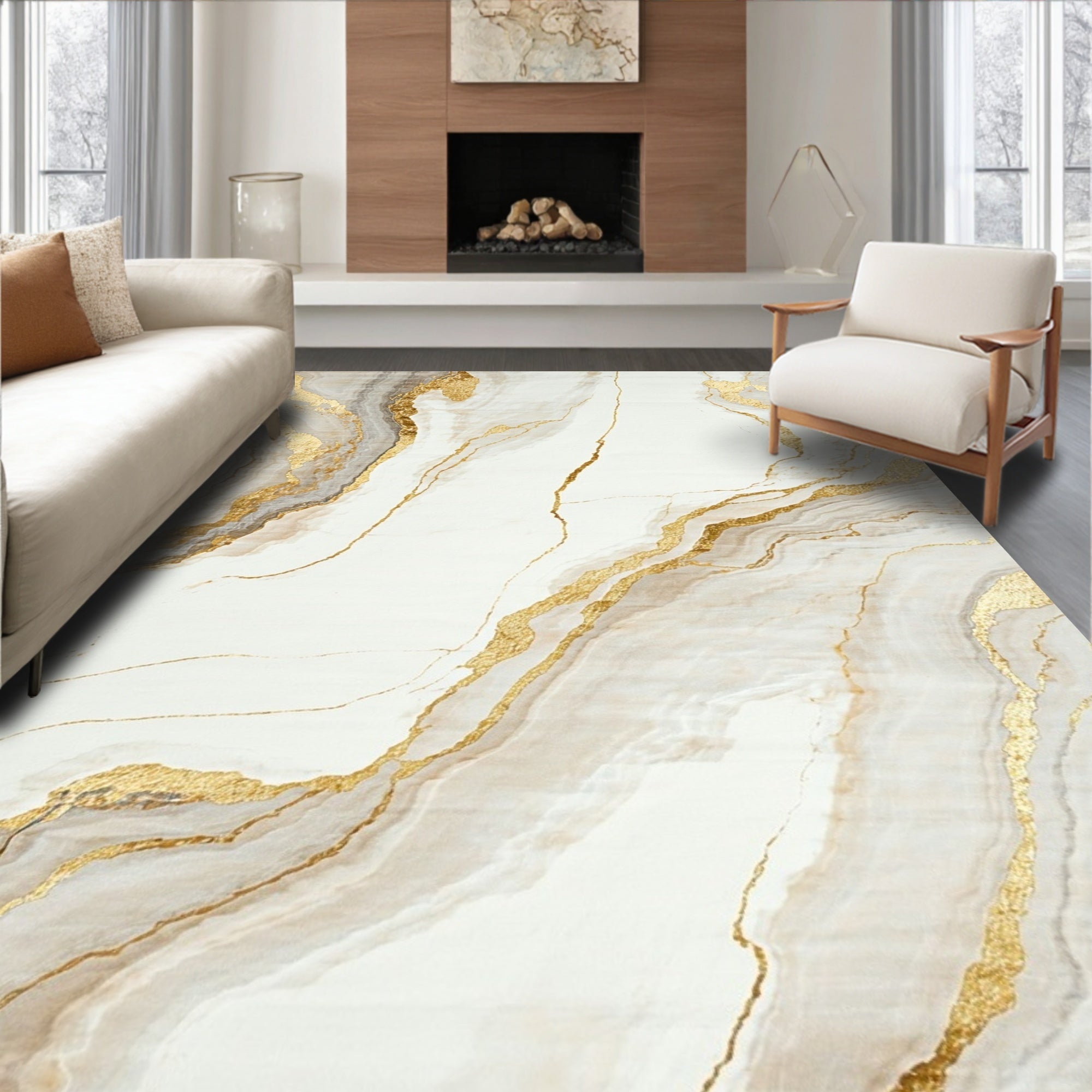 Luxurious Gold Marble Vein Rug(White)