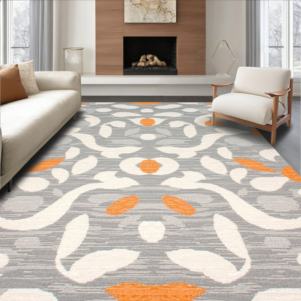 Modern Gray Orange Ornate Rug